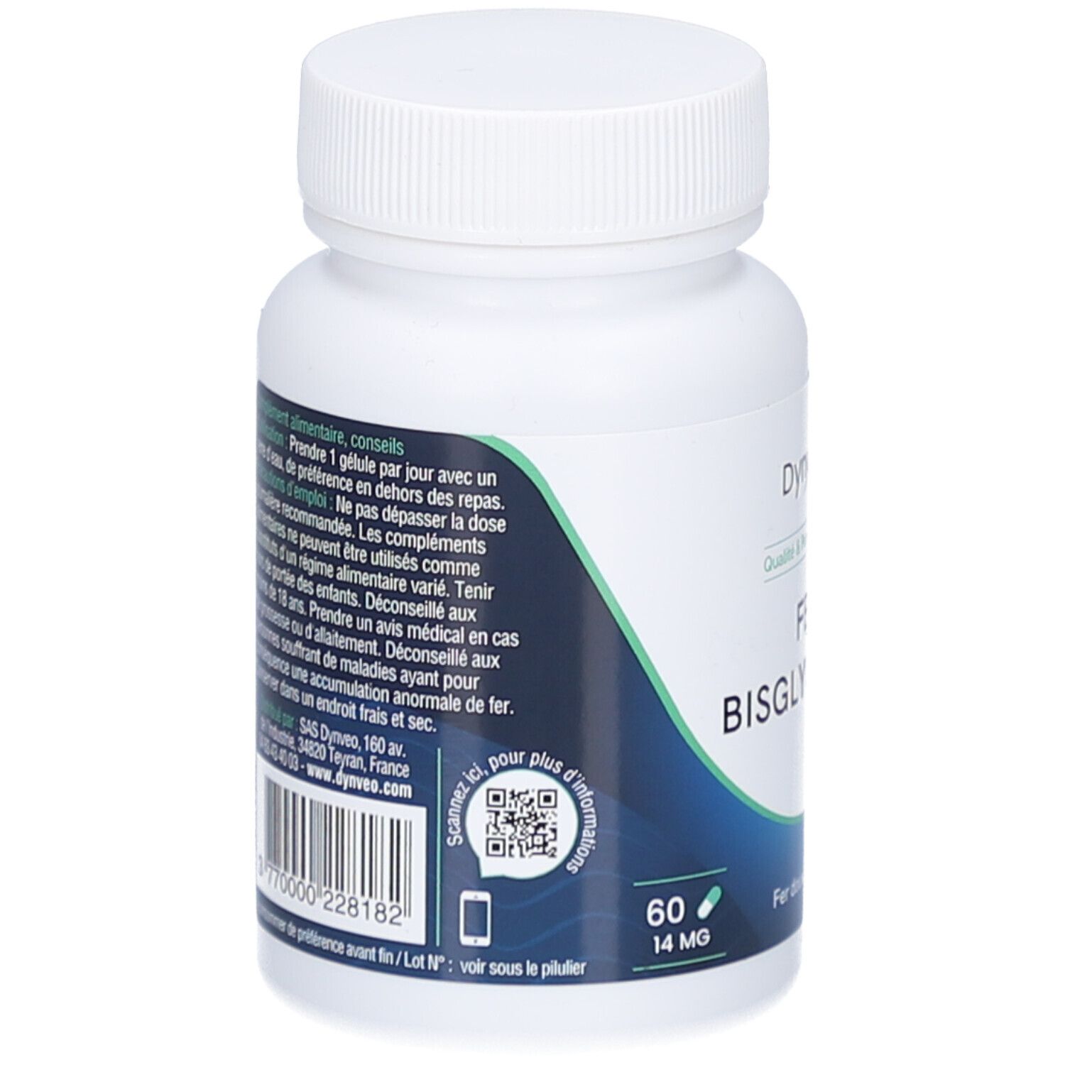 Dos du flacon blanc. Texte et code QR. Inscription: 60 gélules, 14 MG. Étiquette bleue et blanche.