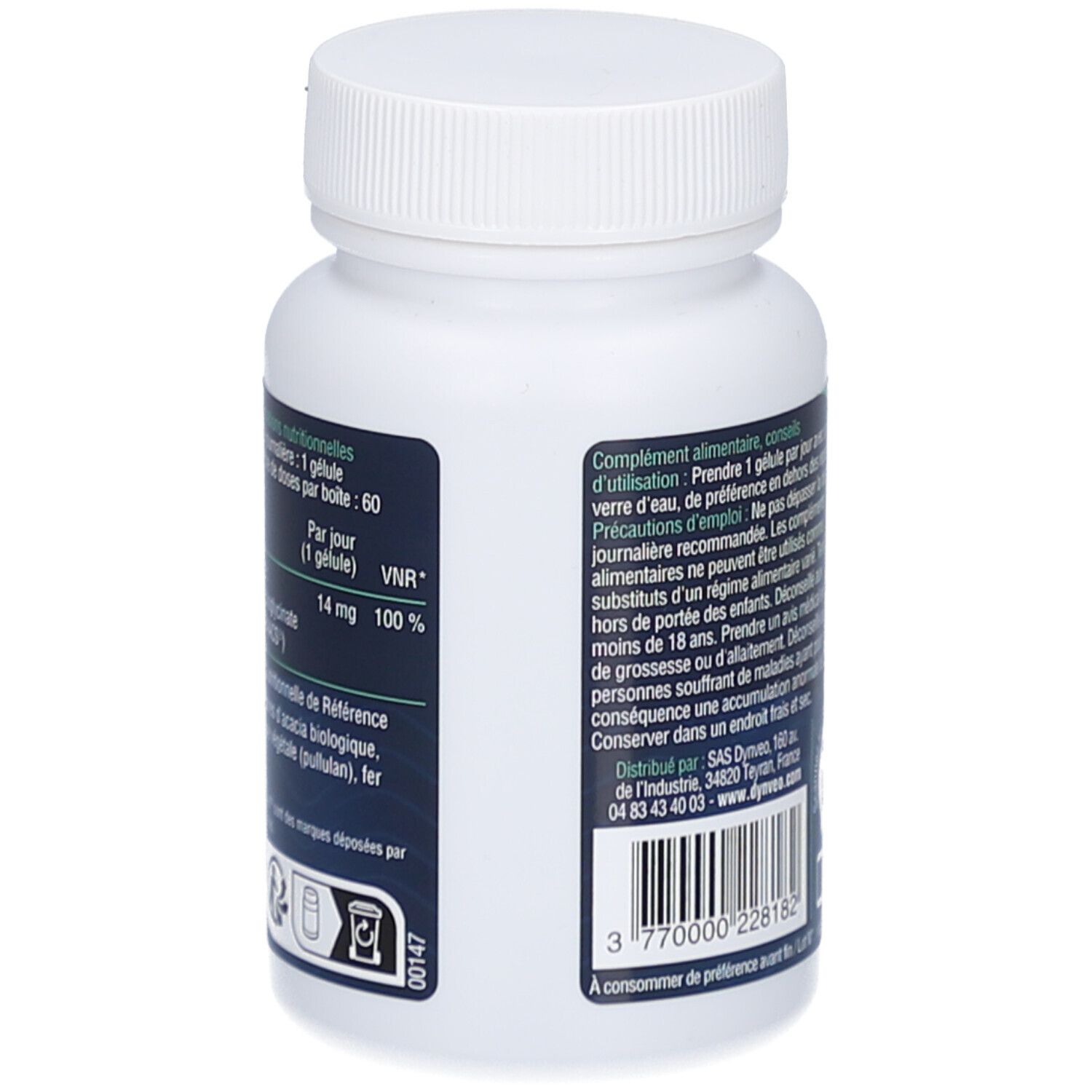 Dos du flacon blanc. Texte et code QR. Inscription: 60 gélules, 14 MG. Étiquette bleue et blanche.