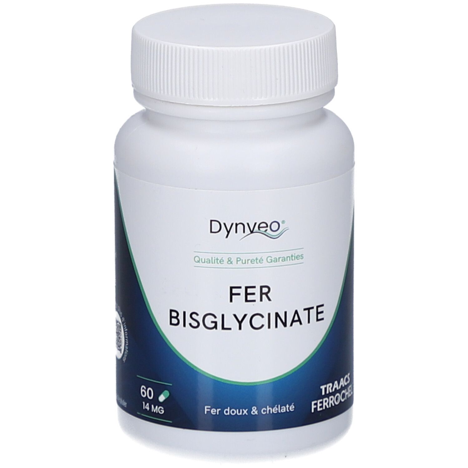 Flacon blanc de gélules. Inscriptions: Dynveo, FER BISGLYCINATE, 60 gélules, 14 mg. Étiquetage bleu et blanc.