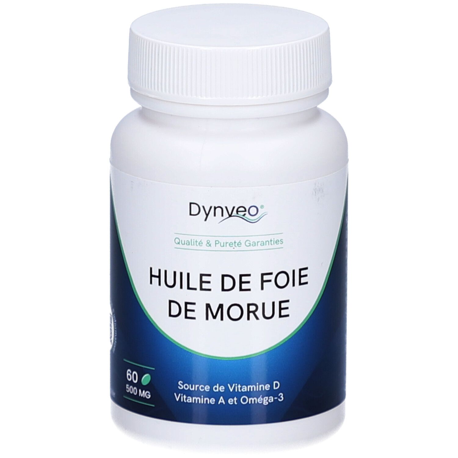 Flacon blanc de capsules. Inscription: Huile de Foie de Morue. Marque Dynveo. 60 capsules, 500 mg. Source de vitamine D, A et Oméga-3.