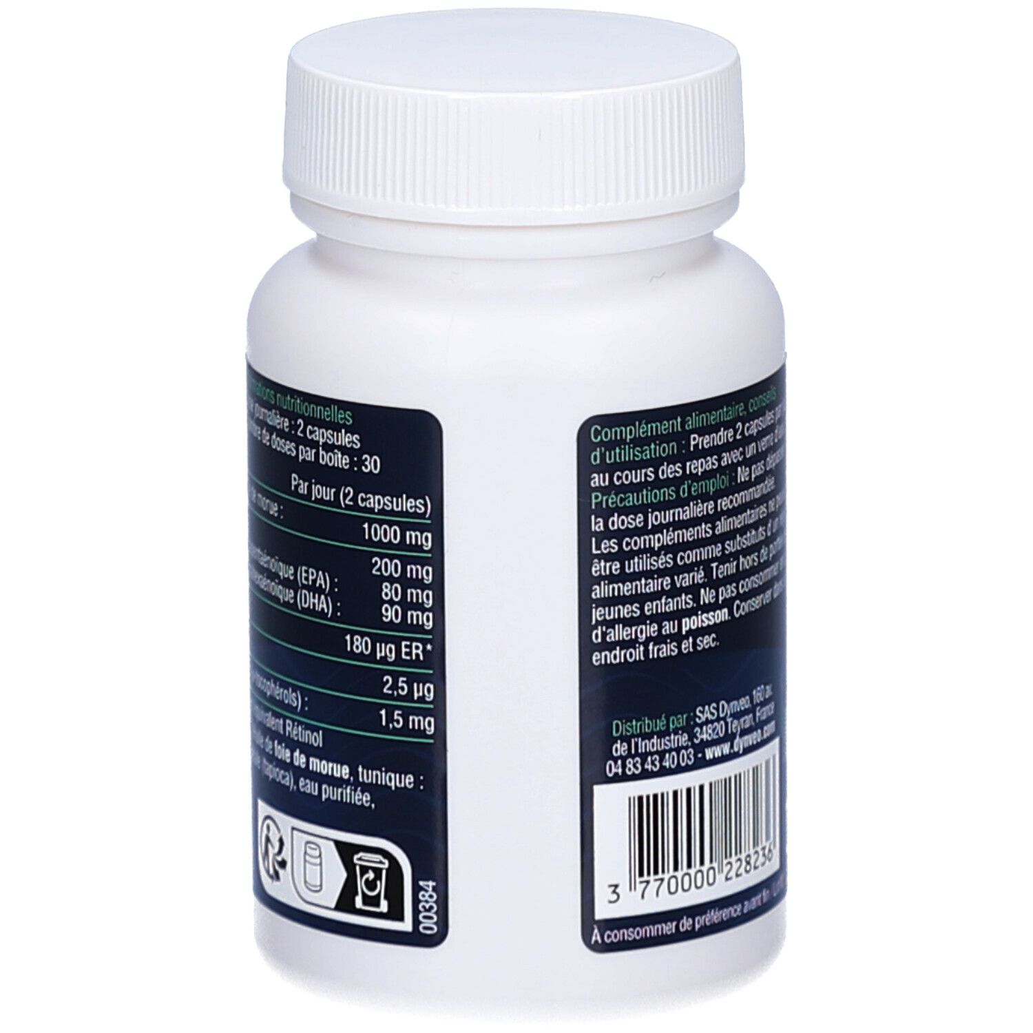 Dos du flacon avec informations nutritionnelles. Texte: Huile de Foie de Morue. Ingrédients et dosage. 60 capsules.