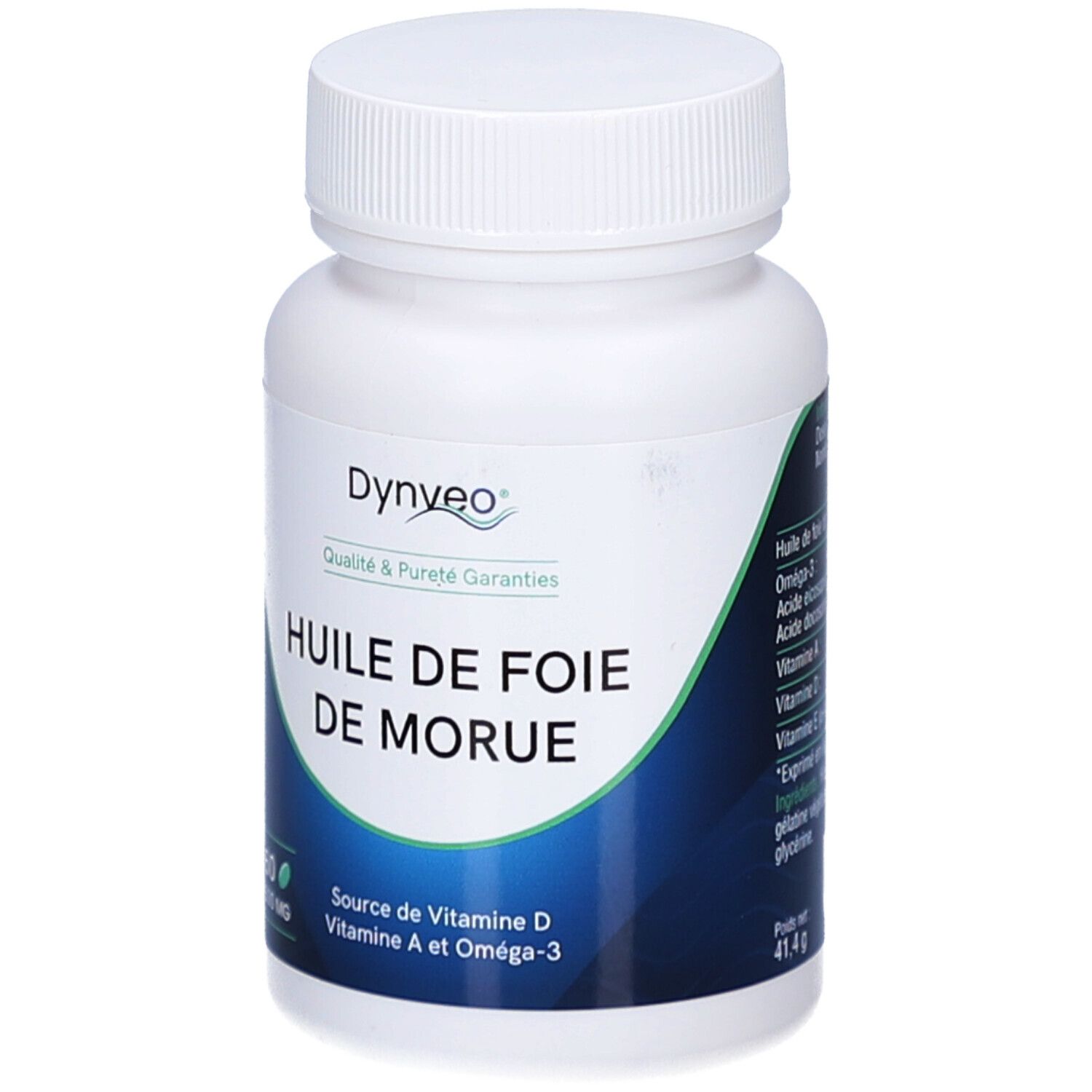 Flacon blanc de capsules. Inscription: Huile de Foie de Morue. Marque Dynveo. 60 capsules, 500 mg. Source de vitamine D, A et Oméga-3.