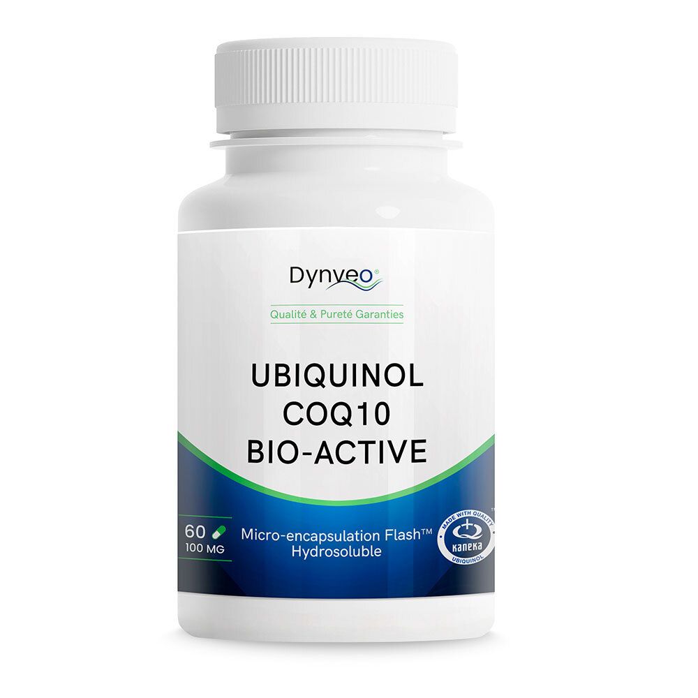 Flacon blanc DYNVEO Ubiquinol Coq10 Bio-Active. 60 gélules, 100 mg. Inscription: Micro-encapsulation Flash, Hydrosoluble.