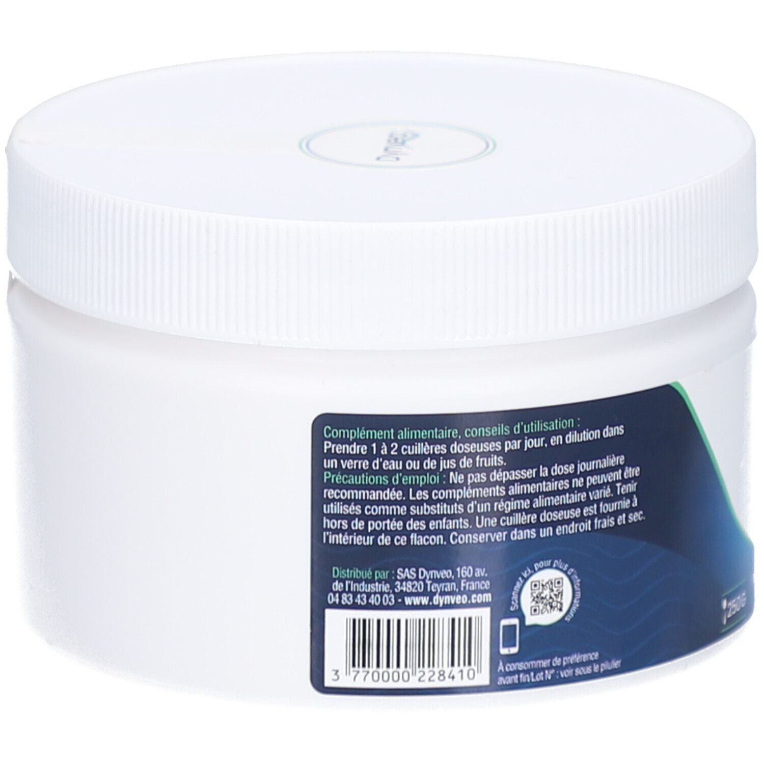 Dos du pot blanc. Étiquette avec informations sur les ingrédients et l'utilisation. Code-barres et QR code.