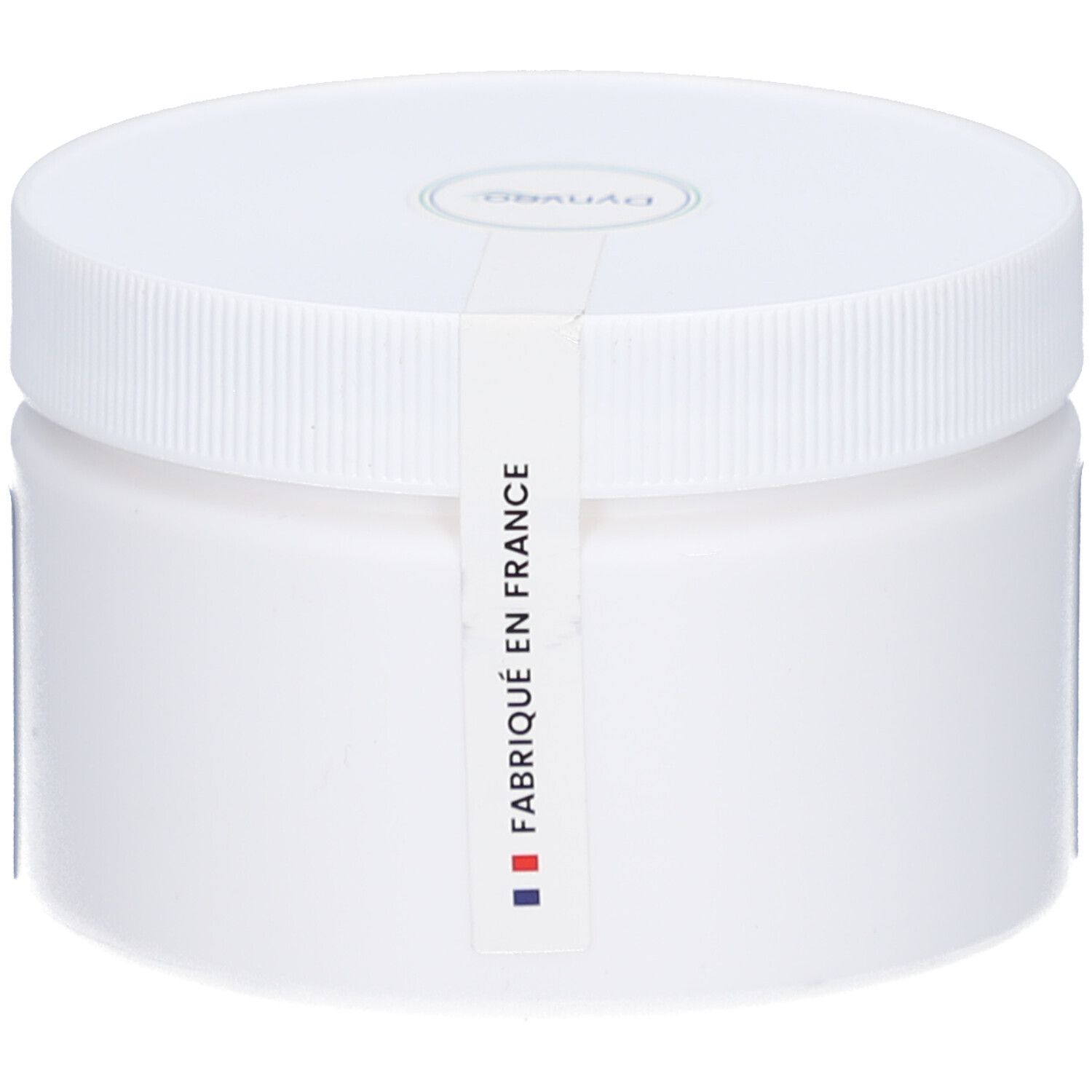 Pot blanc avec bouchon à vis. Autocollant avec 'Fabriqué en France' et drapeau français.