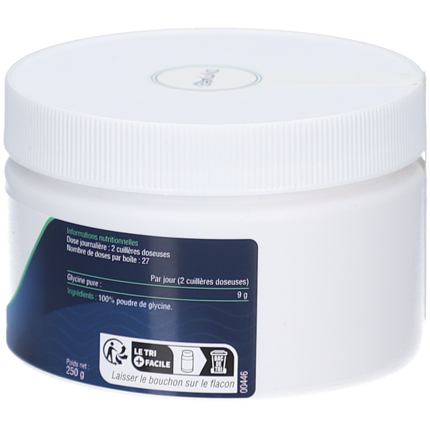 Dos du pot blanc. Étiquette avec informations nutritionnelles et informations. Symbole 'Le Tri Facile'.