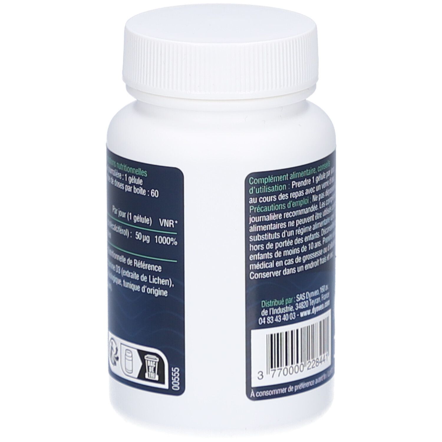 Dos du flacon blanc. Informations. Inscription: 60 gélules. Code-barres.