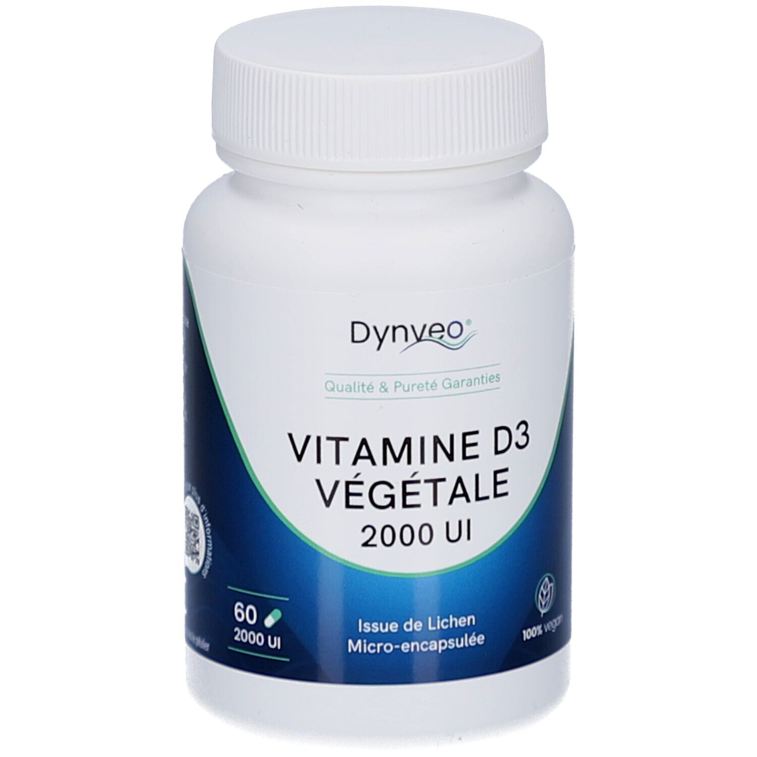 Flacon blanc, étiquette bleue. Inscription: VITAMINE D3 VÉGÉTALE 2000 UI. Contient 60 gélules. Label vegan.
