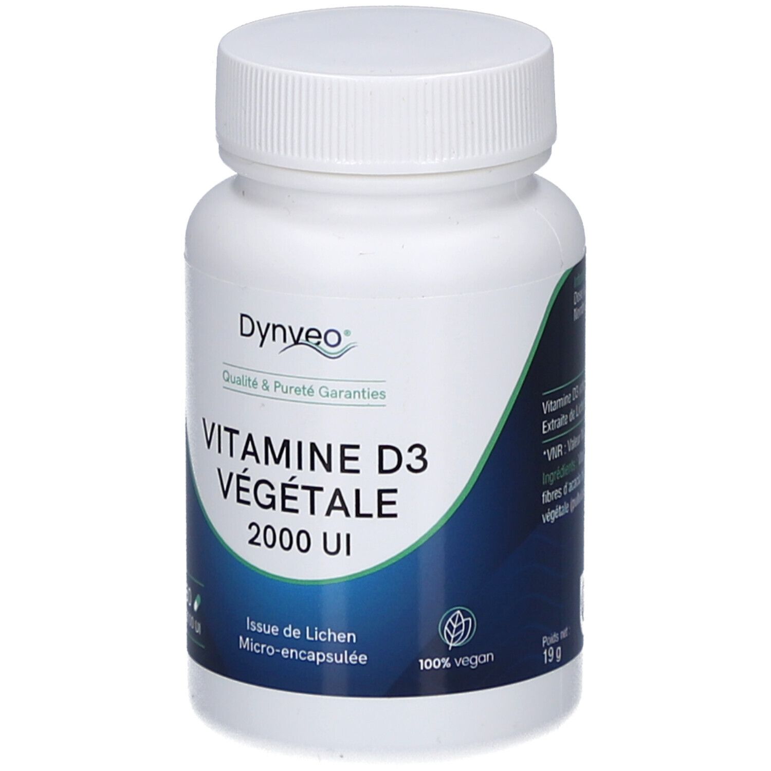 Flacon blanc, étiquette bleue. Inscription: VITAMINE D3 VÉGÉTALE 2000 UI. Label vegan. Poids net: 19g.