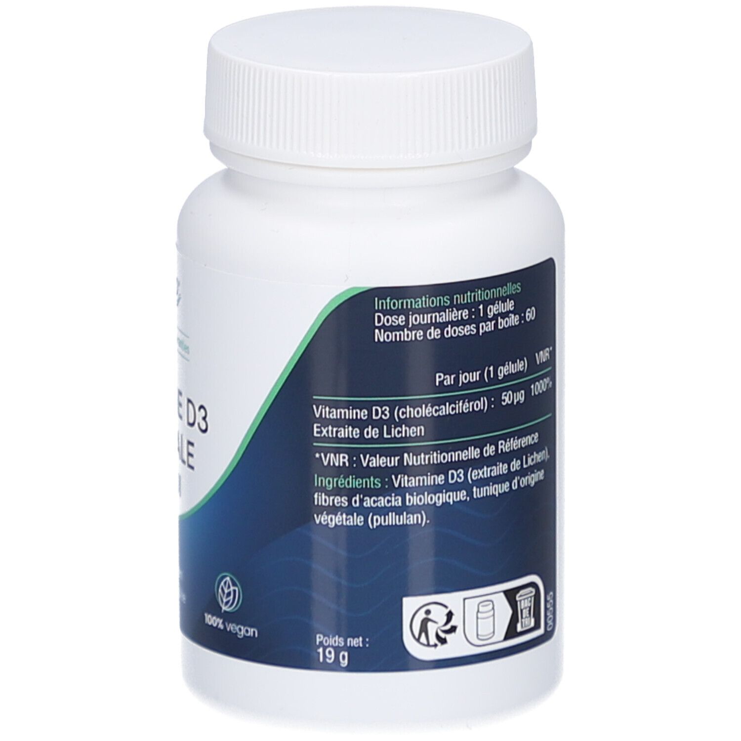 Dos du flacon blanc. Informations nutritionnelles. Inscription: 19 g. Label vegan.