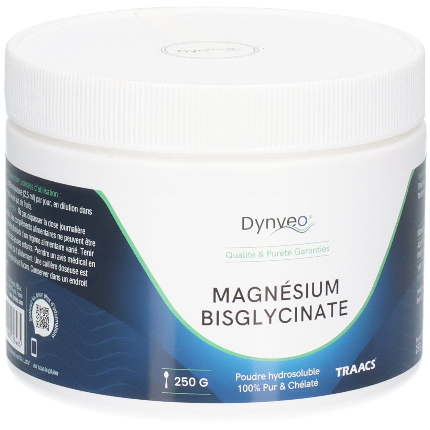 Pot blanc rond avec bouchon à vis. Étiquette avec vague bleue et texte: Magnésium Bisglycinate, 250g. Marque: Dynveo.