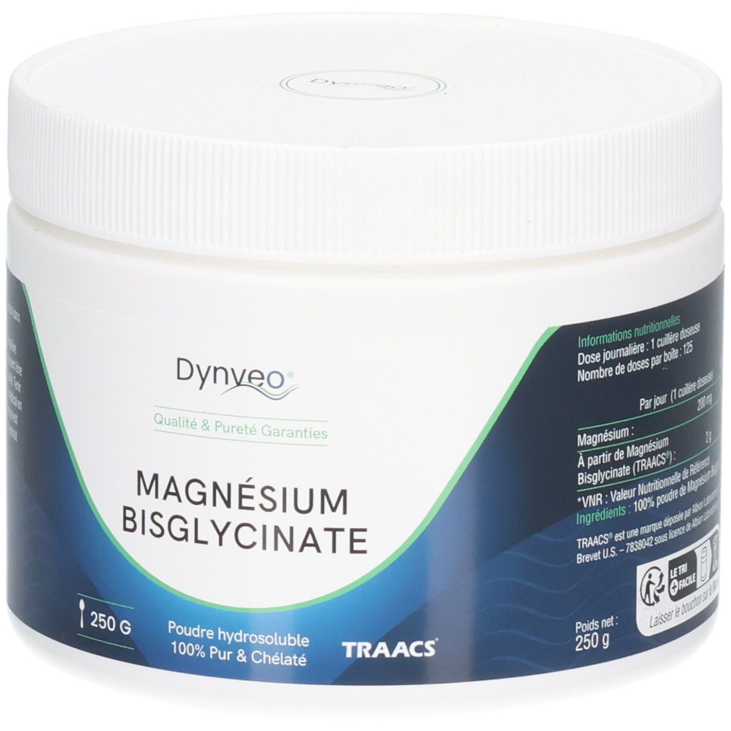 Pot blanc rond avec bouchon à vis. Étiquette avec vague bleue et texte: Magnésium Bisglycinate, 250g. Marque: Dynveo.