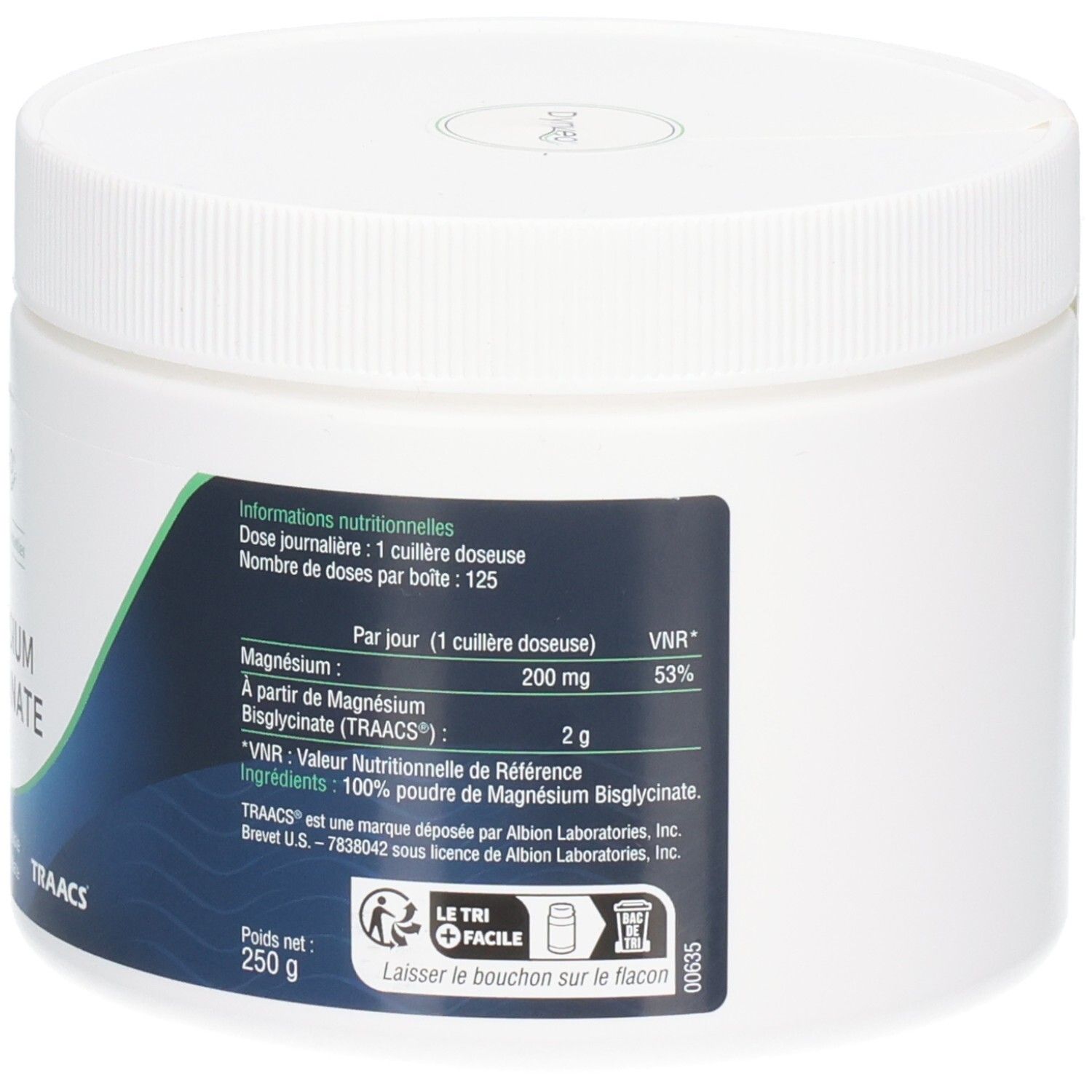 Pot blanc rond avec bouchon à vis. Étiquette avec texte: Informations nutritionnelles. Texte: Magnésium 200 mg, 250g.
