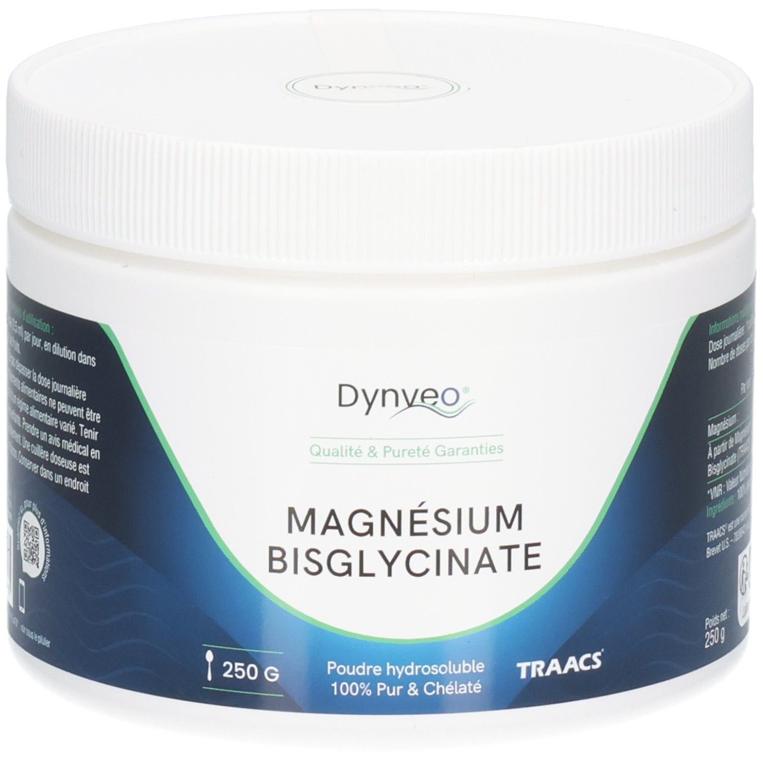 Pot blanc rond avec bouchon à vis. Étiquette avec vague bleue et texte: Magnésium Bisglycinate, 250g. Marque: Dynveo.