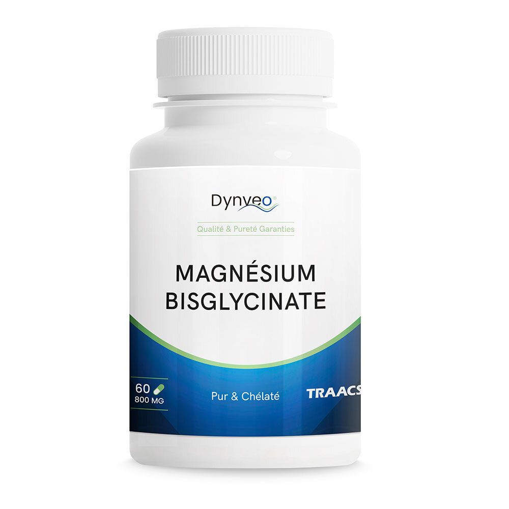 Flacon blanc de Magnésium Bisglycinate, marque Dynveo. 60 gélules. Texte: Pur & Chélaté. Logo TRAACS.