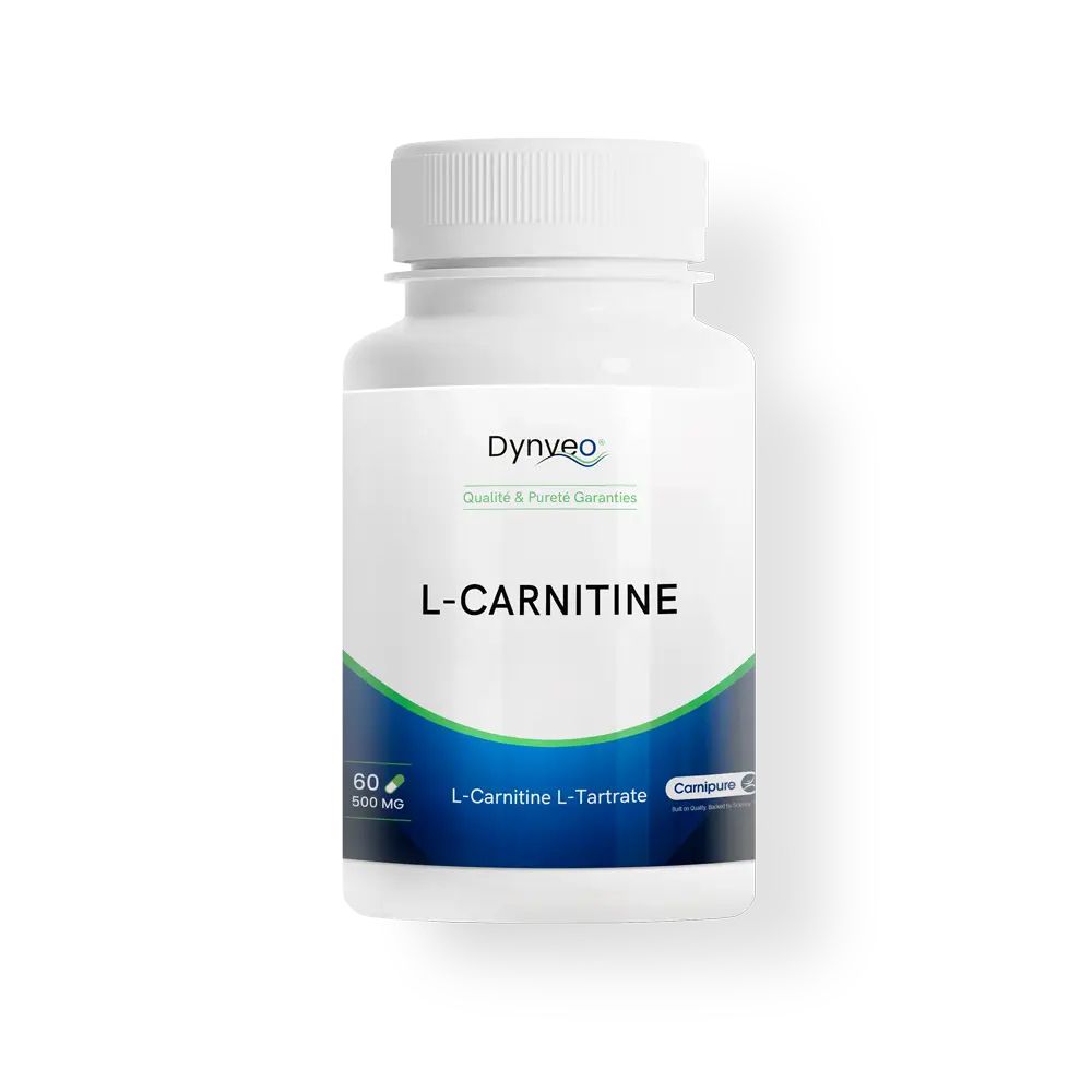 Bouteille blanche avec étiquette L-Carnitine, 60 gélules, 500 mg.