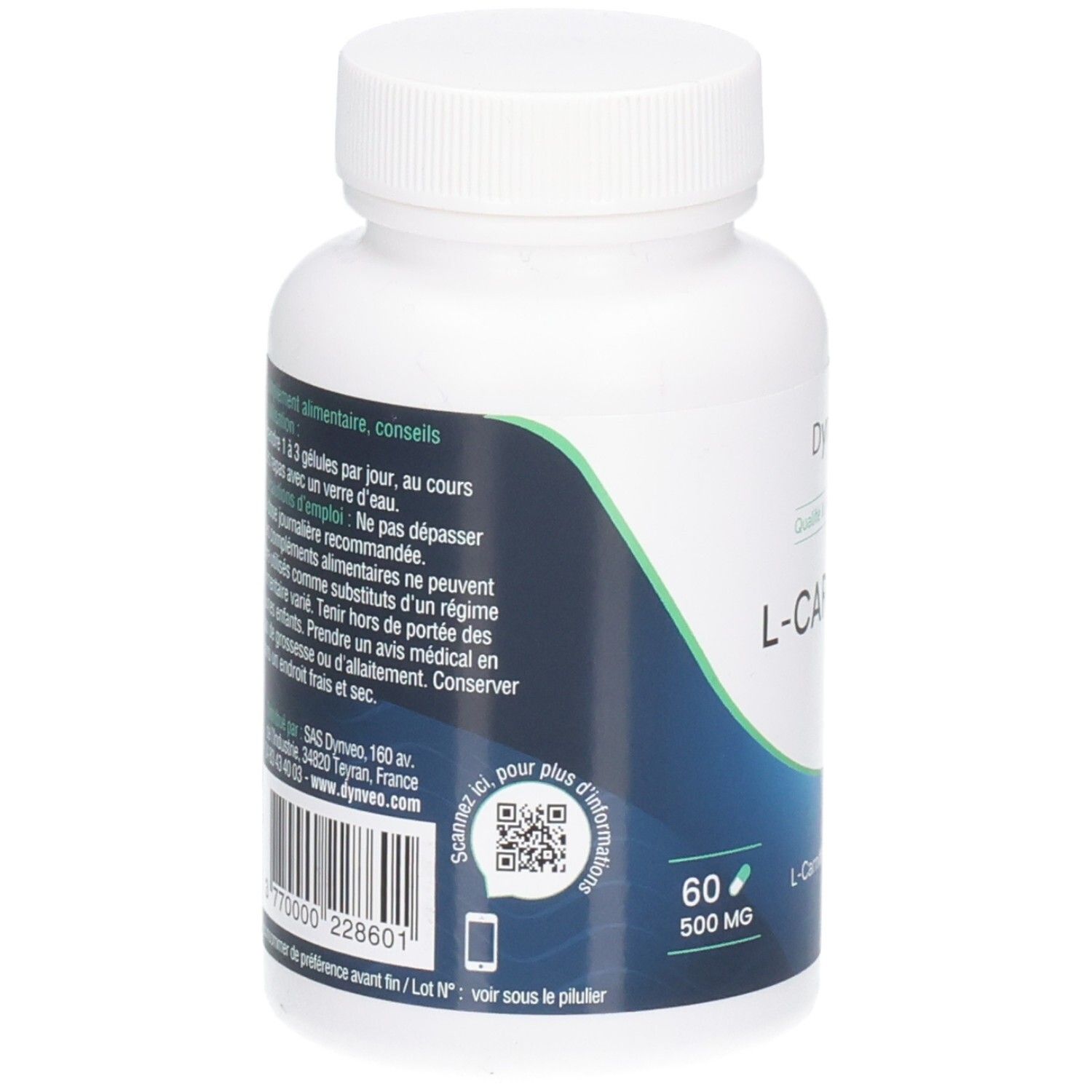 Dos du flacon blanc. Texte et QR code. Inscription: Dynveo, L-Carnitine, 60 gélules, 500 MG.