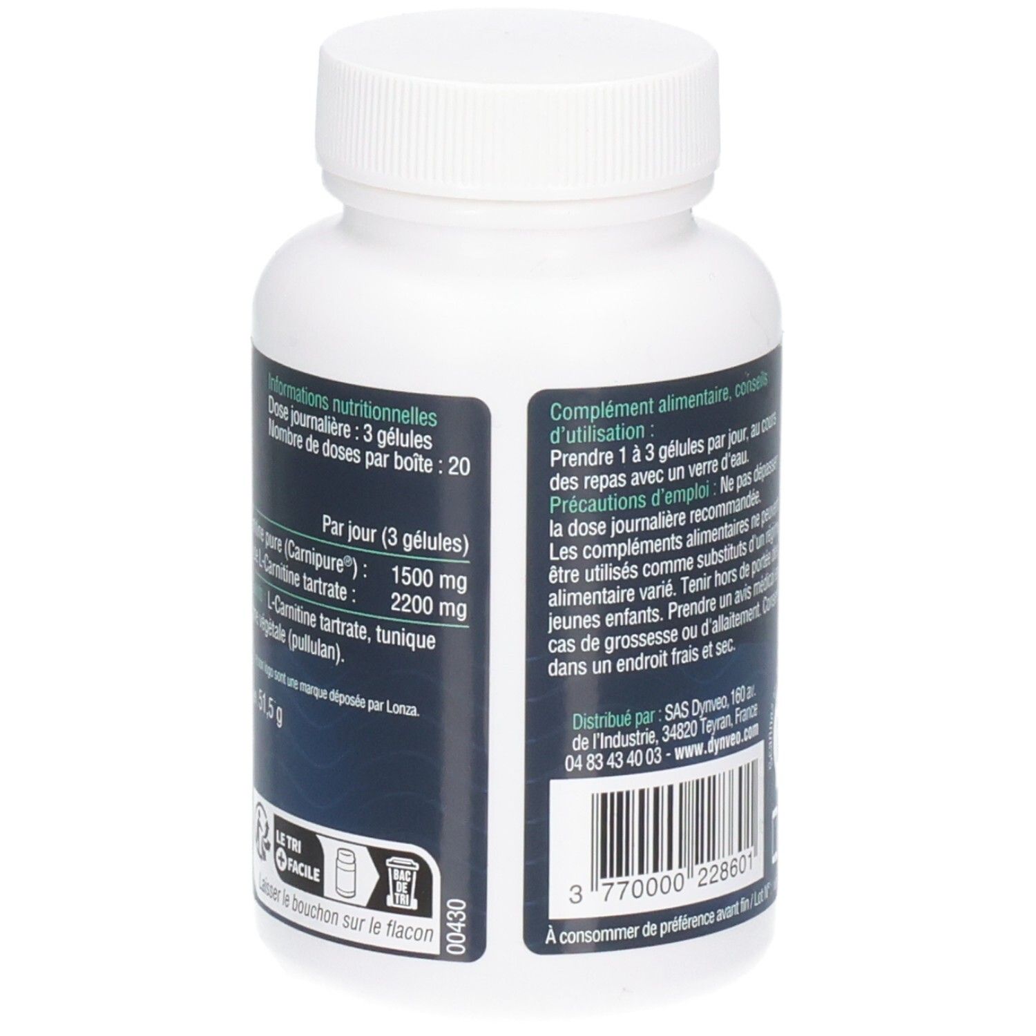 Dos du flacon blanc. Texte avec informations nutritionnelles. Inscription: Dynveo, L-Carnitine.