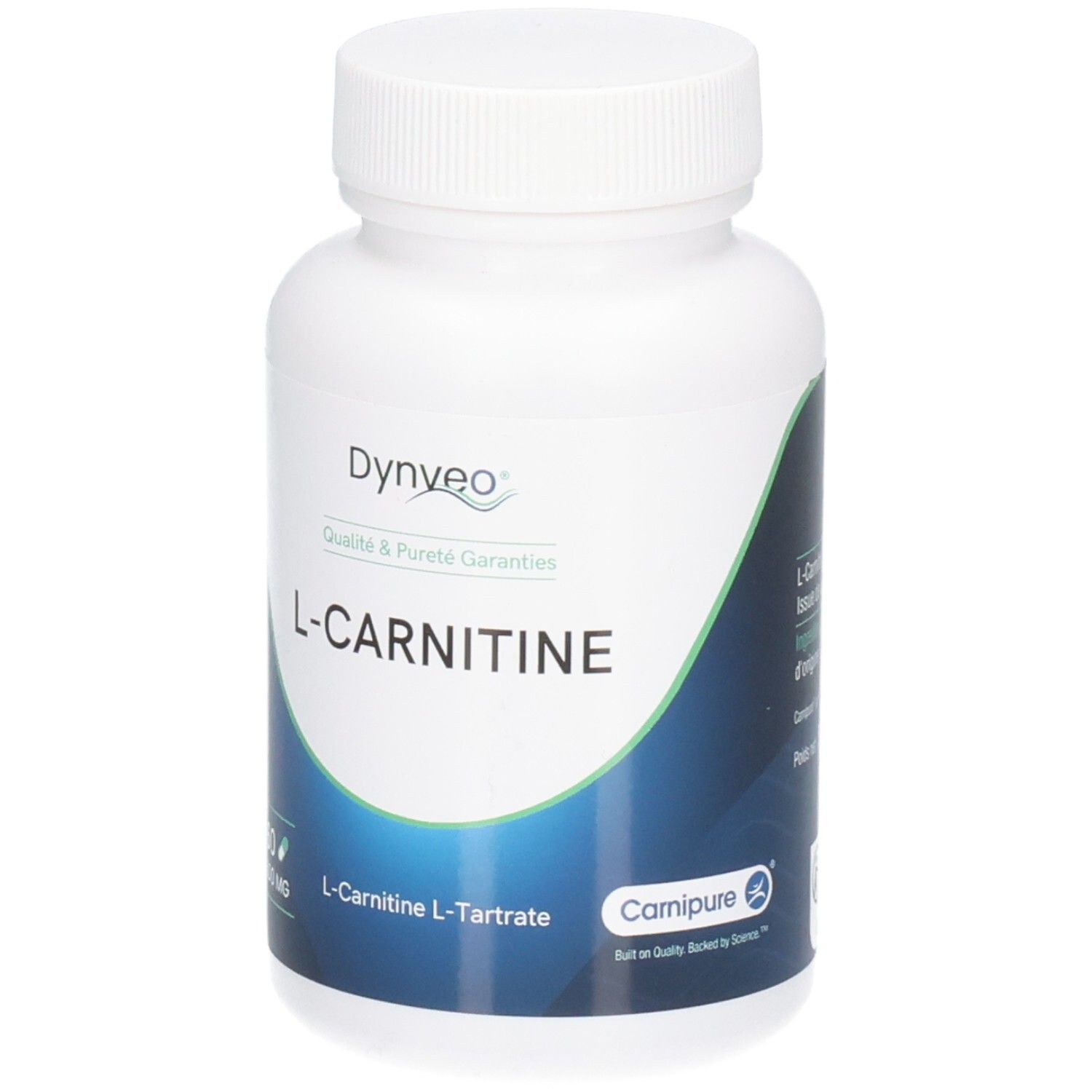 Flacon blanc avec bouchon à vis. Inscription: Dynveo, L-Carnitine, Carnipure®.