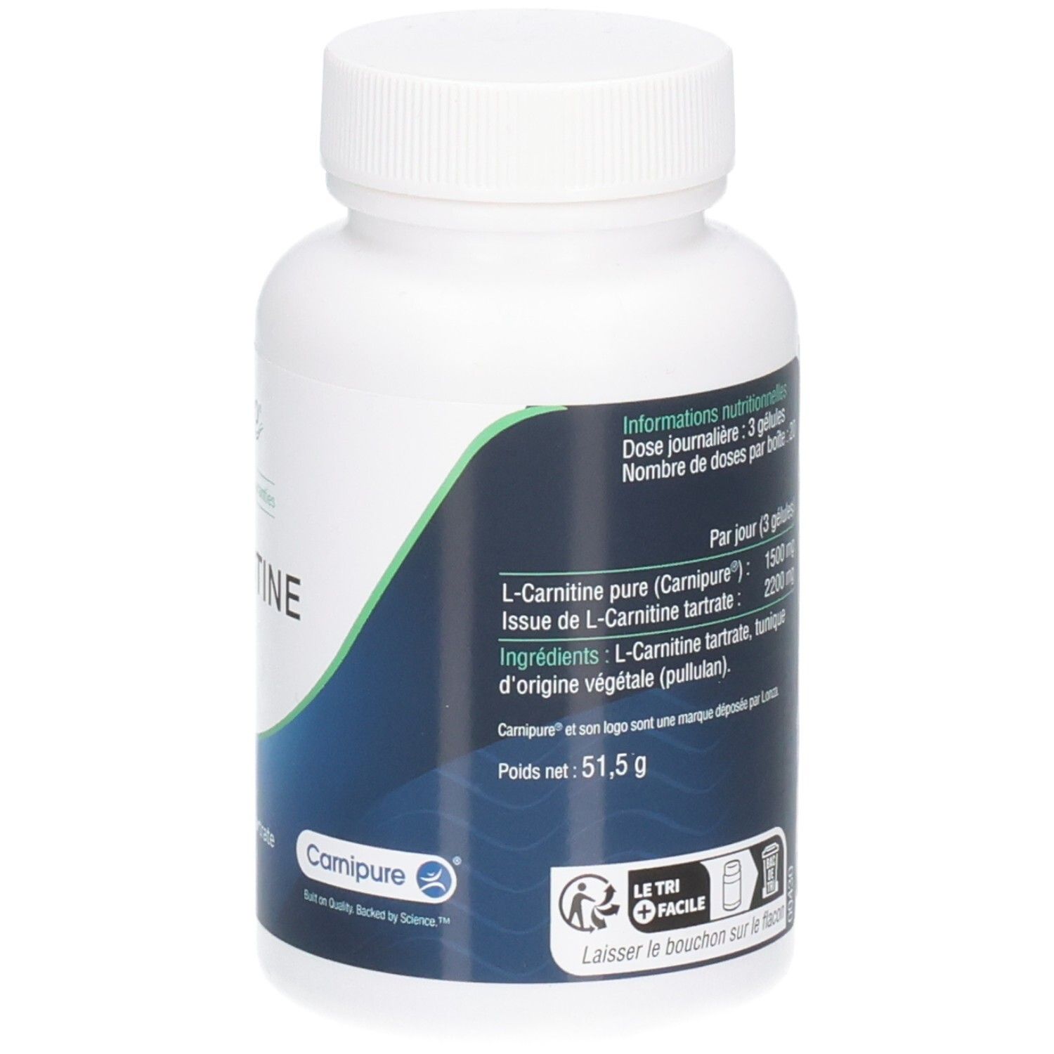 Dos du flacon blanc. Texte avec ingrédients. Inscription: Carnipure®, 51,5 g.
