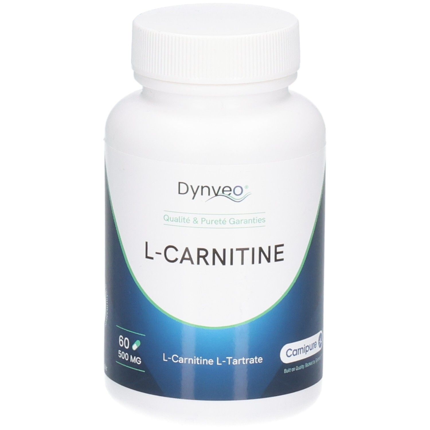 Flacon blanc avec bouchon à vis. Inscription: Dynveo, L-Carnitine, 60 gélules, 500 MG.