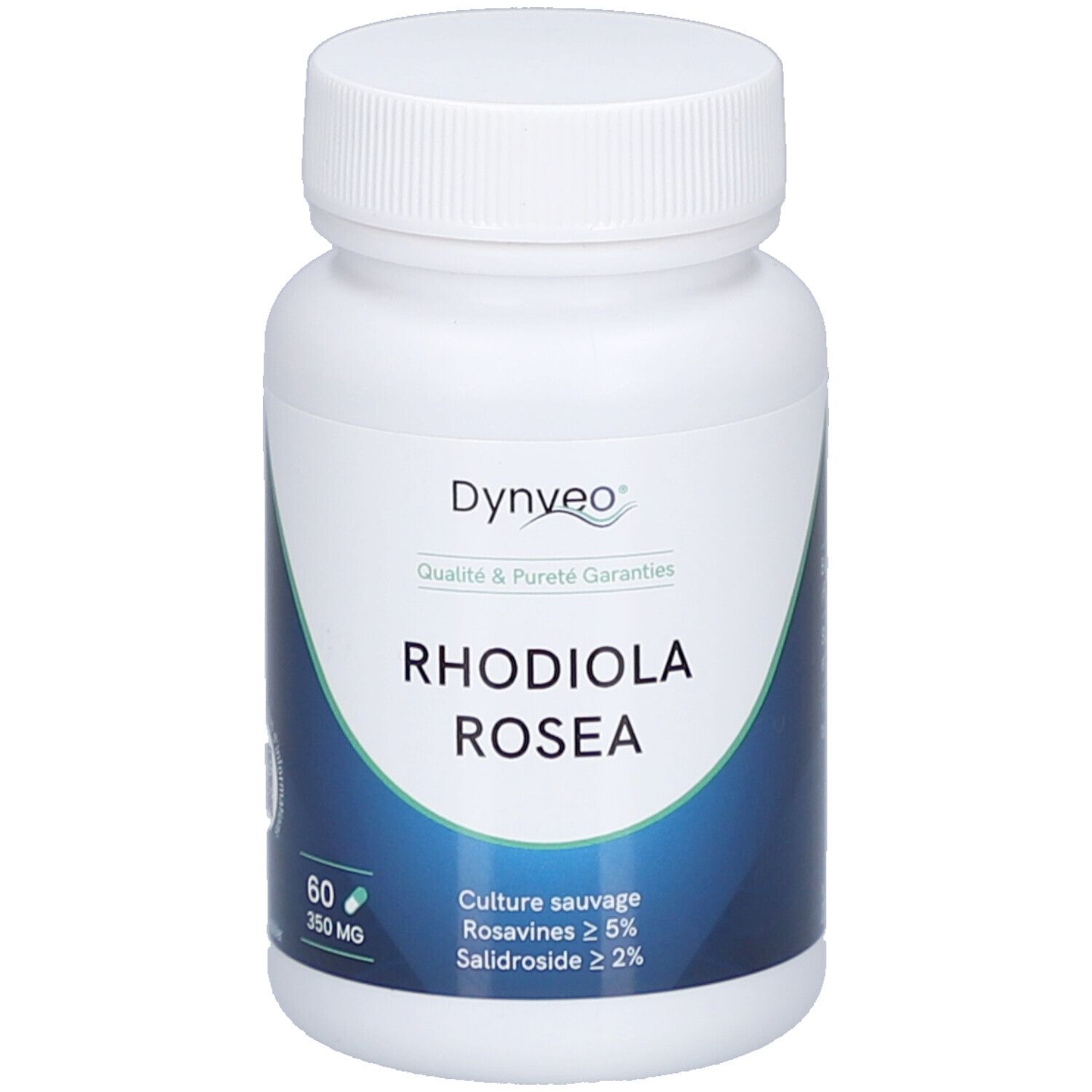Flacon blanc de gélules. Inscription: Dynveo Rhodiola Rosea. 60 gélules, 350 MG. Culture sauvage, Rosavines ≥ 5%, Salidroside ≥ 2%.