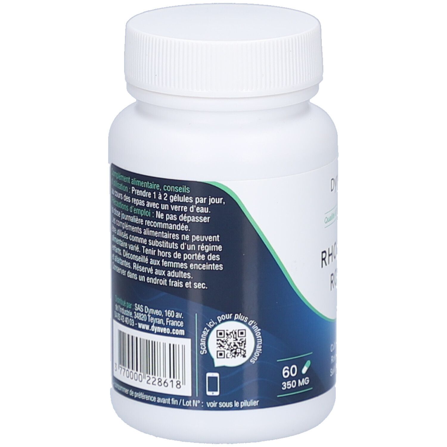 Dos du flacon blanc. Texte sur l'utilisation, les ingrédients, les avertissements. Code QR et code-barres. 60 gélules, 350 MG.