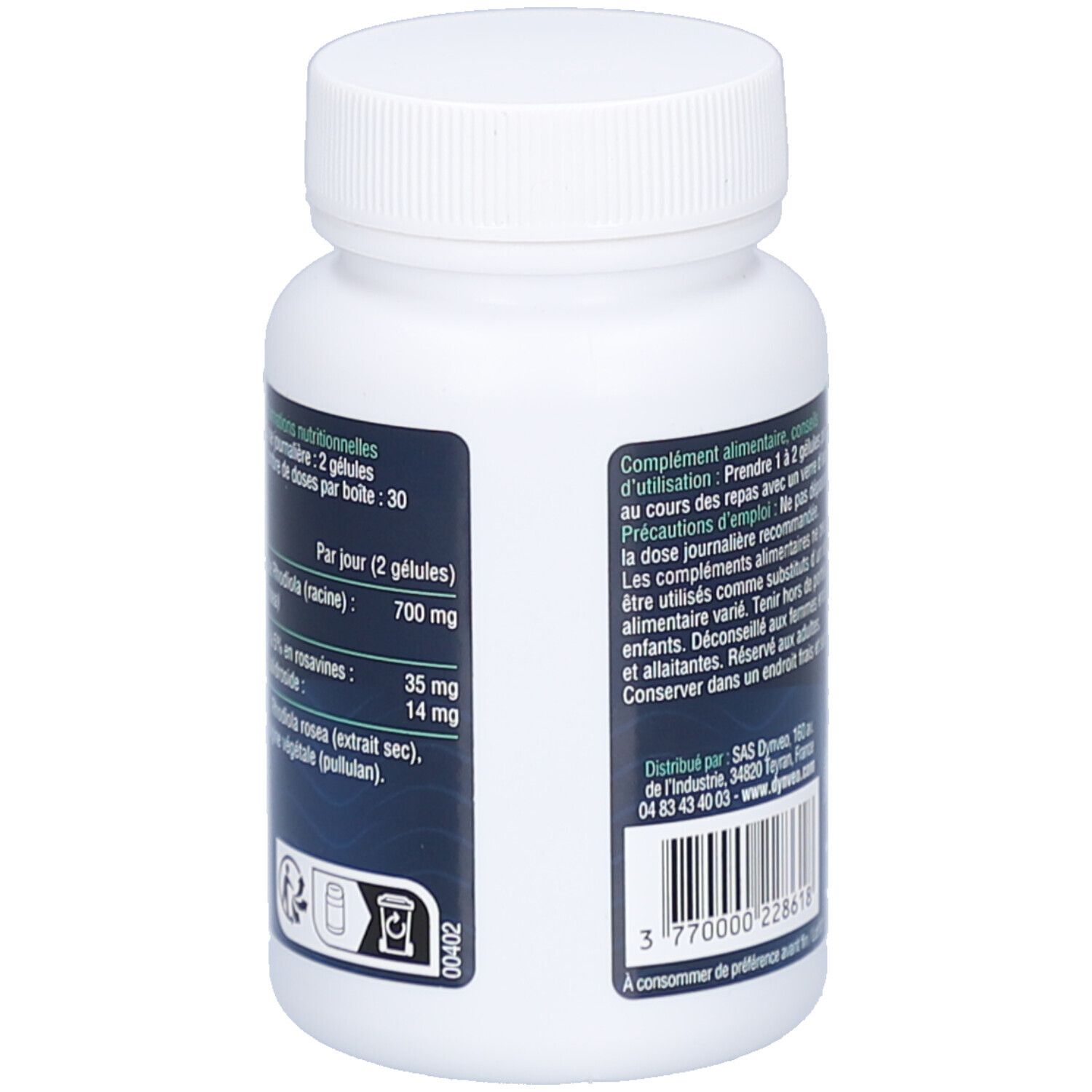 Dos du flacon blanc. Informations nutritionnelles, ingrédients, dosage. Code-barres et informations fabricant.