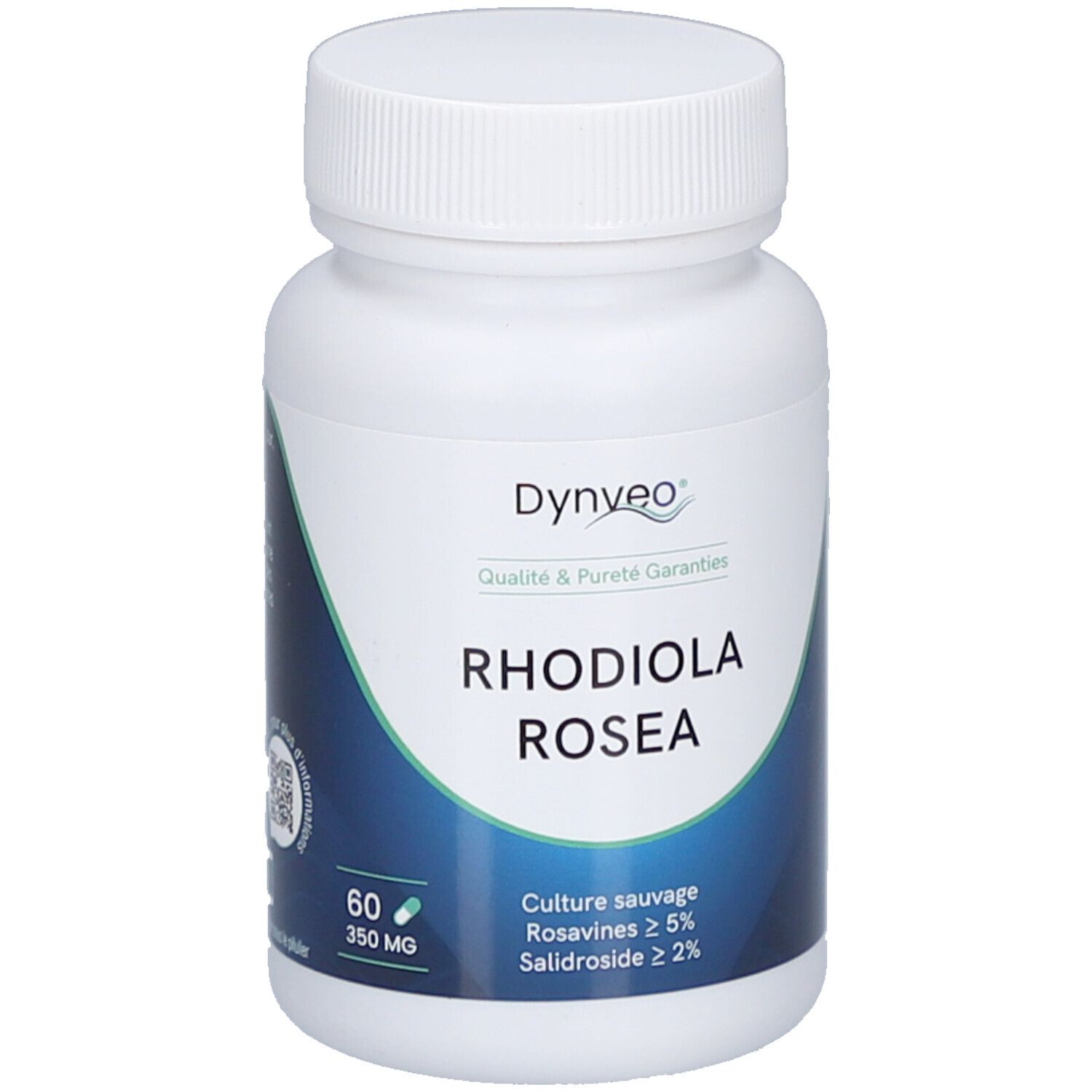 Flacon blanc de gélules. Inscription: Dynveo Rhodiola Rosea. 60 gélules, 350 MG. Culture sauvage, Rosavines ≥ 5%, Salidroside ≥ 2%.