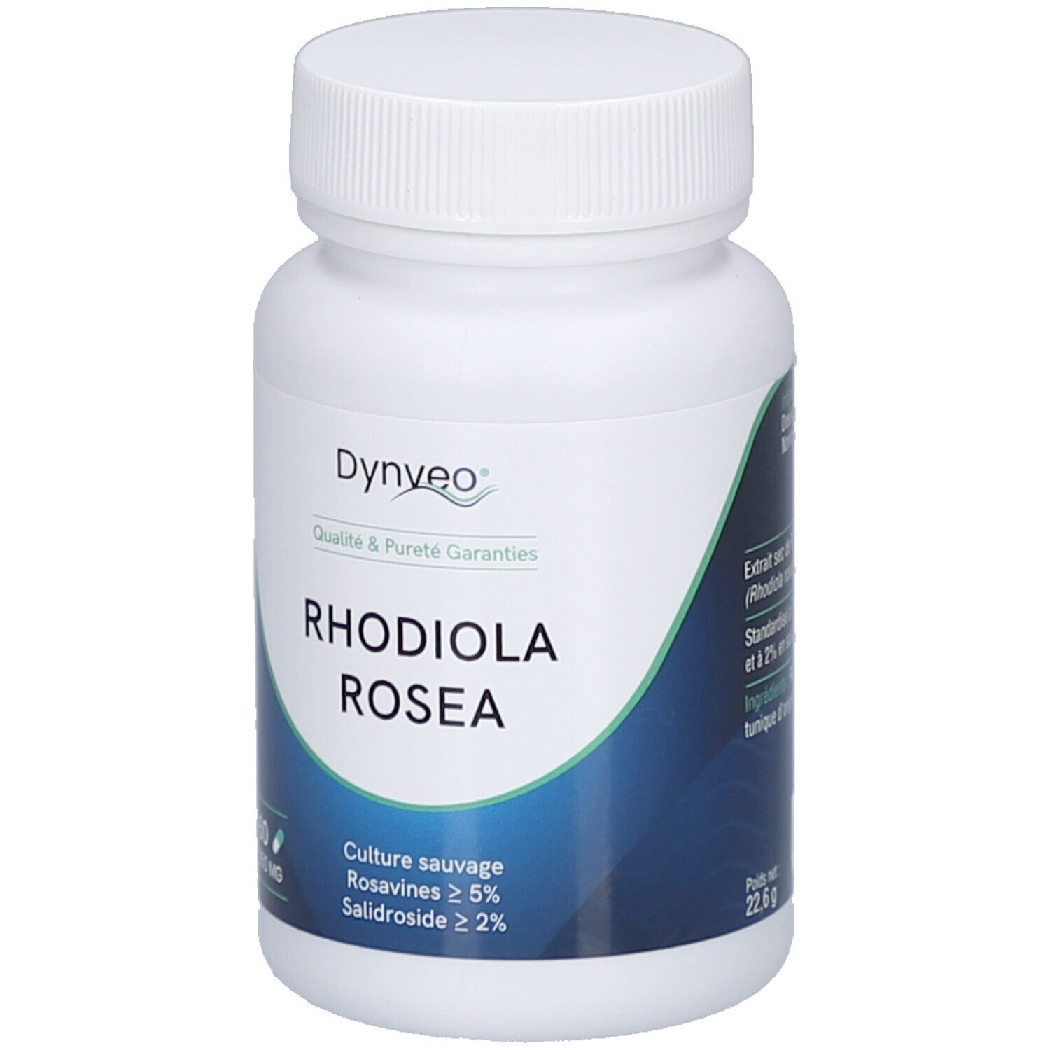 Flacon blanc de gélules. Inscription: Dynveo Rhodiola Rosea. 60 gélules, 350 MG. Culture sauvage, Rosavines ≥ 5%, Salidroside ≥ 2%.
