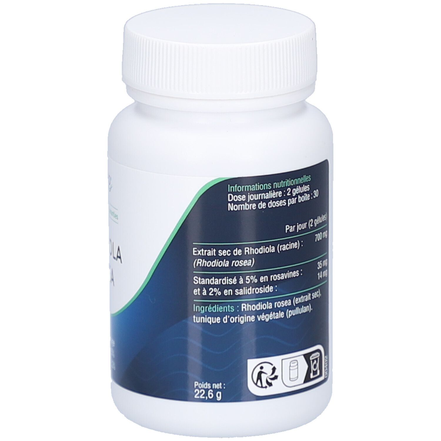 Dos du flacon blanc. Informations nutritionnelles, ingrédients, dosage. Poids net 22,6 g.