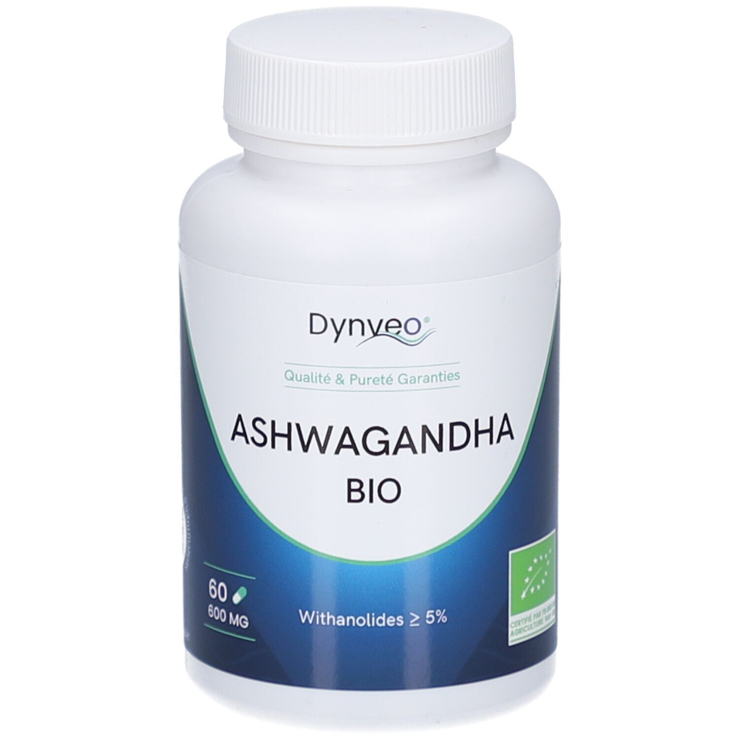 Flacon blanc de gélules. Inscription: Ashwagandha Bio, 60 gélules, 600 mg. Label bio.