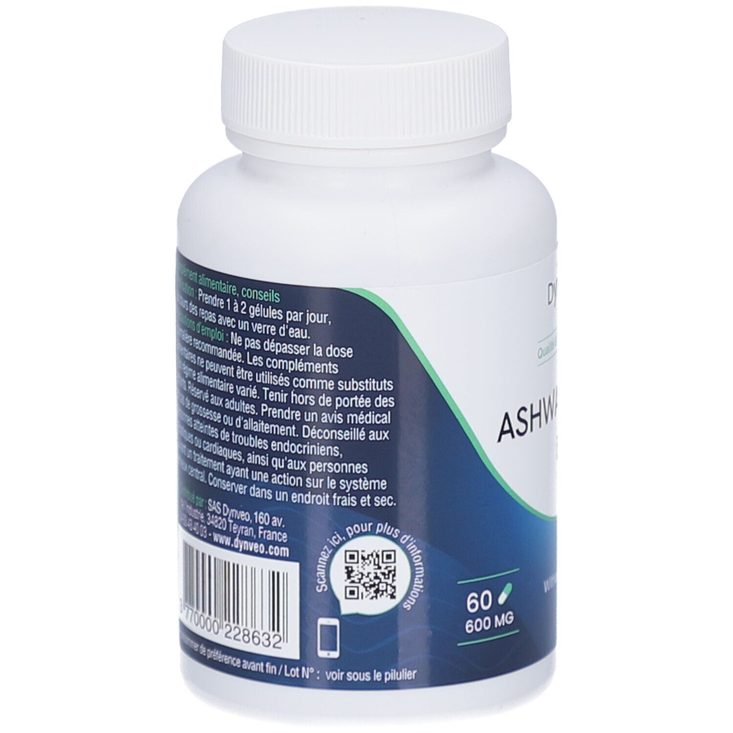 Dos du flacon blanc. Texte et QR code. Contient 60 gélules de 600 mg.