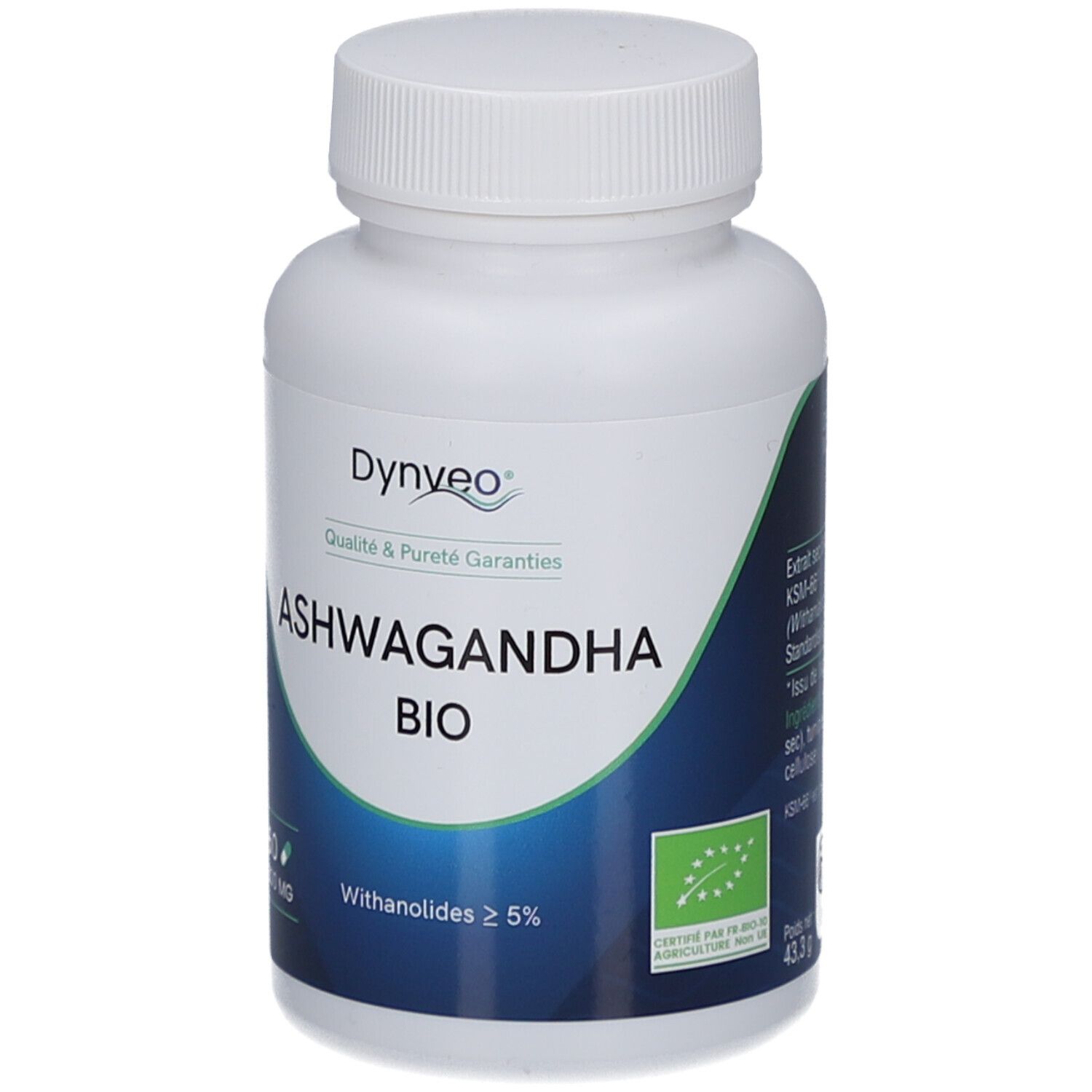 Flacon blanc de gélules. Inscription: Ashwagandha Bio, 60 gélules, 600 mg. Label bio.