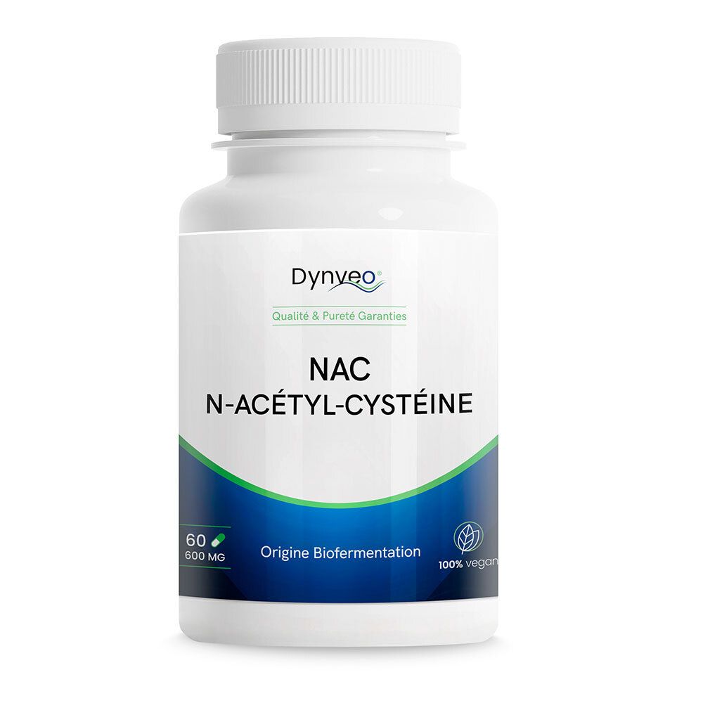 Flacon blanc de gélules. Inscription: Dynveo, NAC N-Acétyl-Cystéine, 60 gélules, 600 mg. Origine: Biofermentation.
