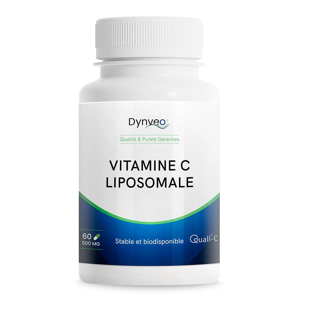 Flacon blanc de gélules. Inscription: DYNVEO Vitamine C Liposomale. 60 gélules, 500 MG. Quali-C.