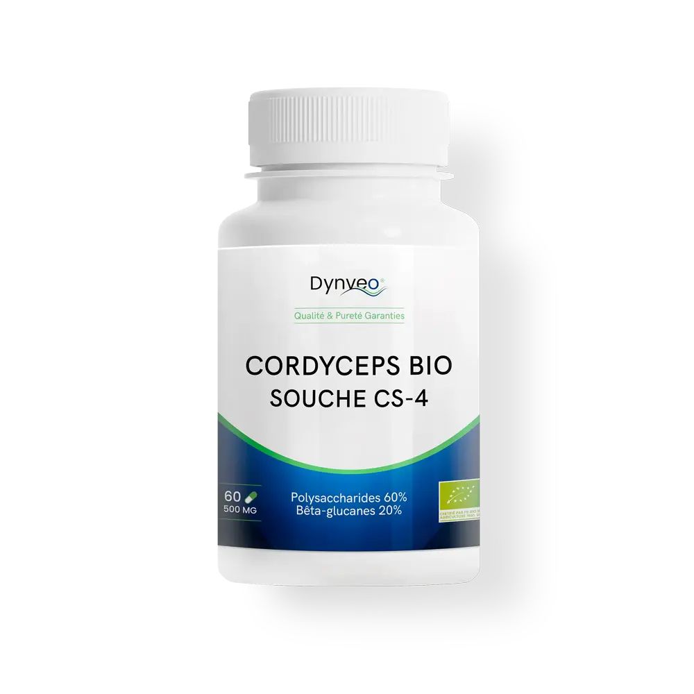 Pot blanc Dynveo Cordyceps BIO Souche CS-4. Contient 60 gélules de 500 mg.