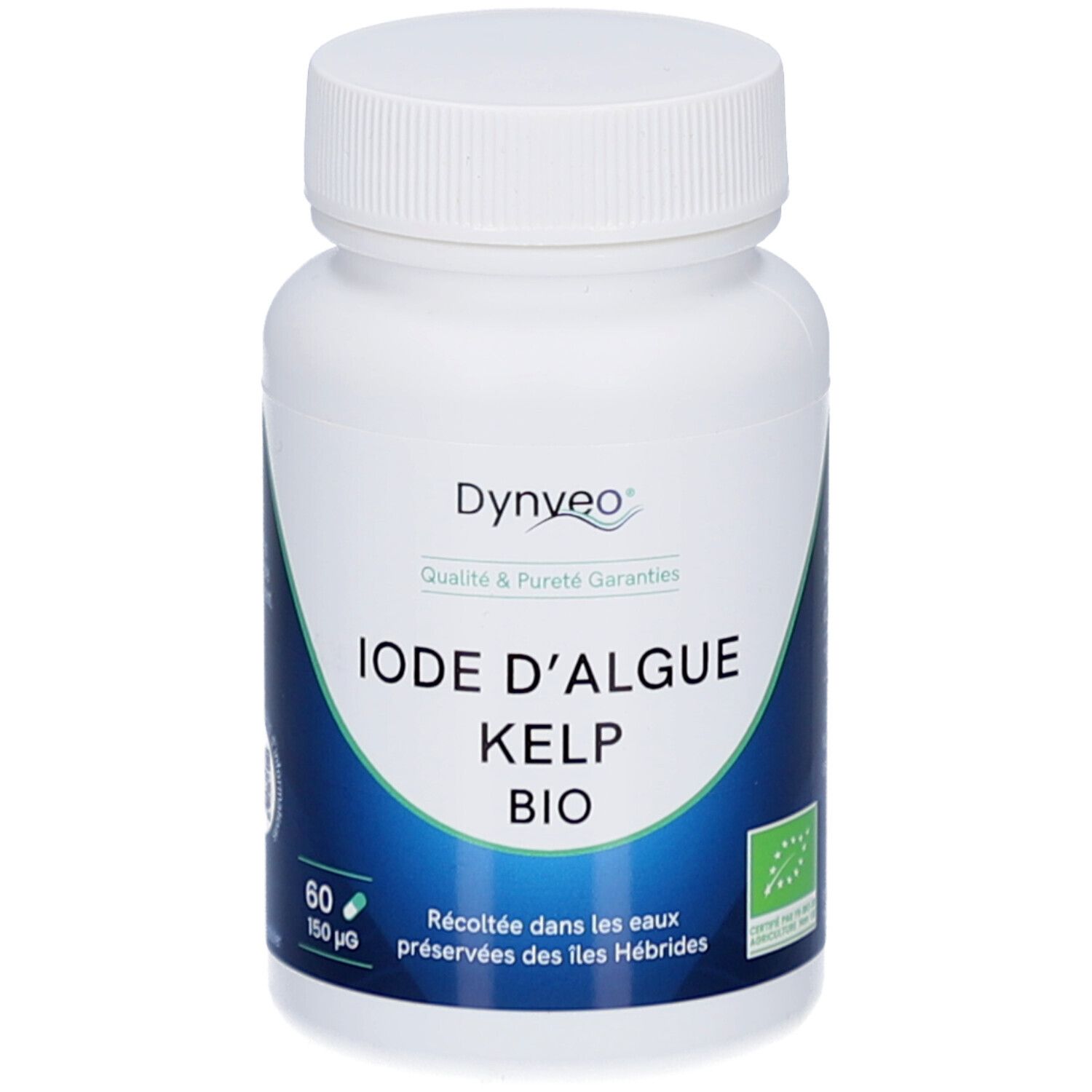 Flacon blanc avec étiquette bleue. Inscription: DYNVEO, IODE D'ALGUE KELP BIO, 60 gélules, 150 µg. Label bio.