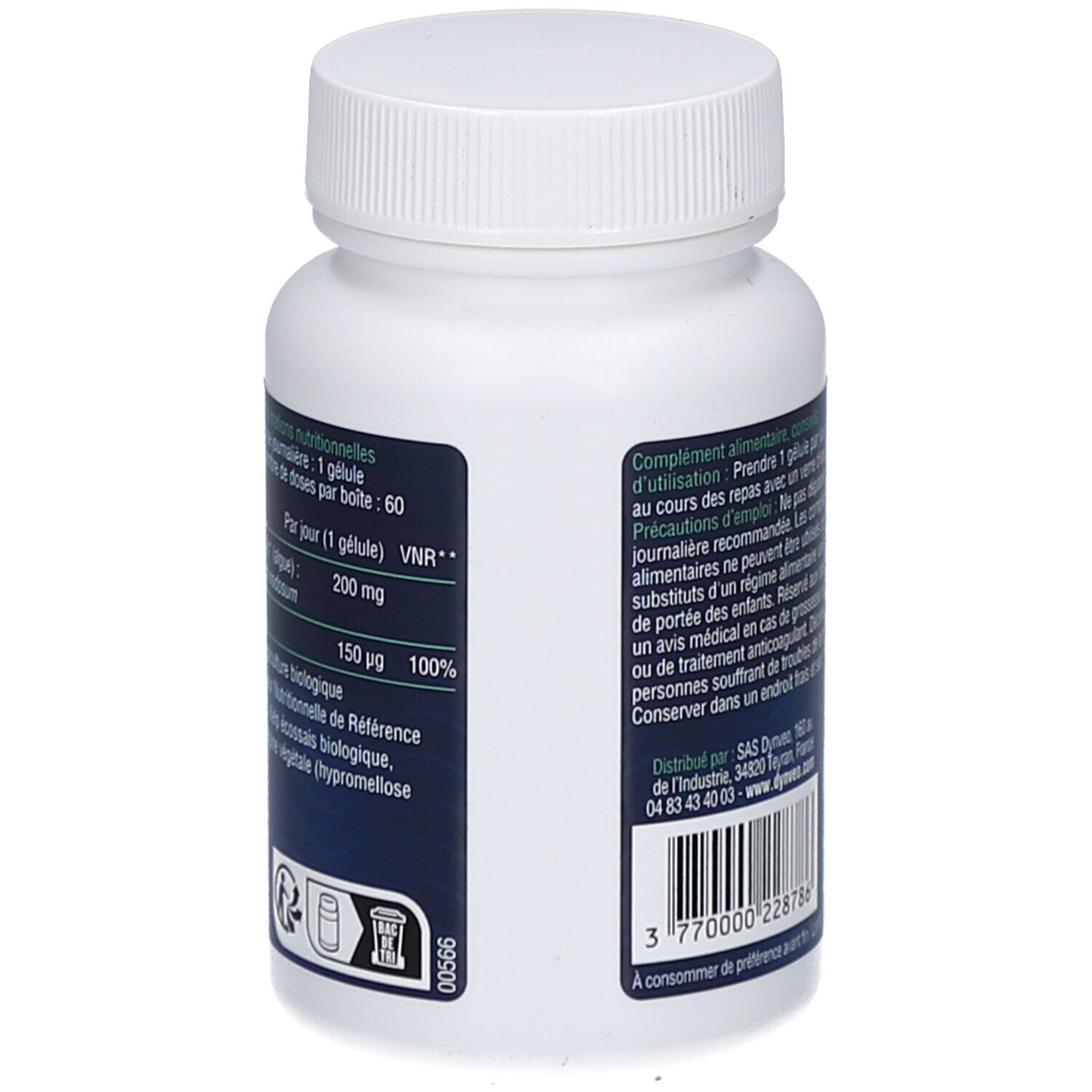 Dos du flacon blanc. Informations textuelles. Inscription: IODE D'ALGUE KELP BIO, 150 µg, 100%.