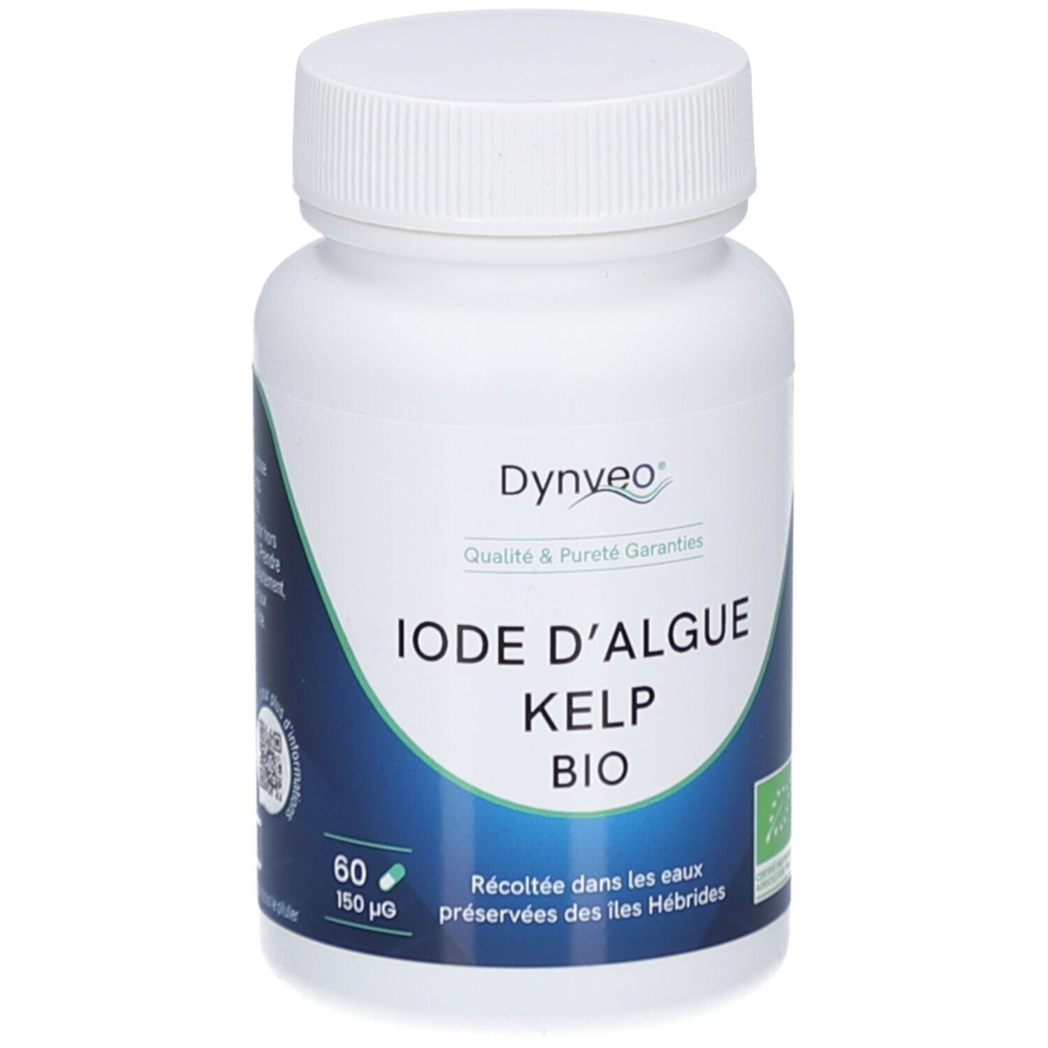 Flacon blanc avec étiquette bleue. Inscription: DYNVEO, IODE D'ALGUE KELP BIO, 60 gélules, 150 µg. Label bio.
