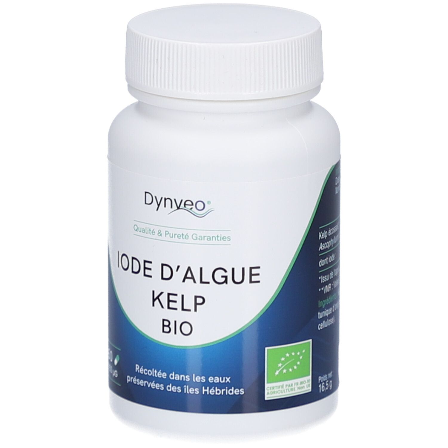 Flacon blanc avec étiquette bleue. Inscription: DYNVEO, IODE D'ALGUE KELP BIO, 60 gélules, 150 µg. Label bio.