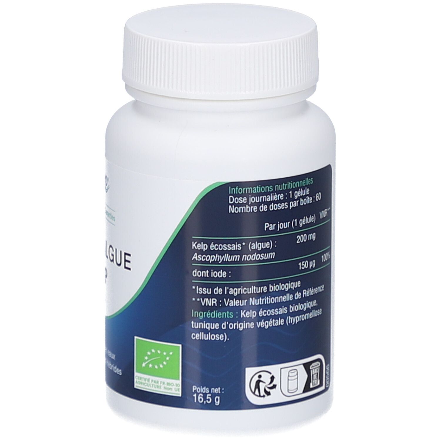 Dos du flacon blanc. Informations textuelles. Inscription: IODE D'ALGUE KELP BIO, 16,5 g. Label bio.