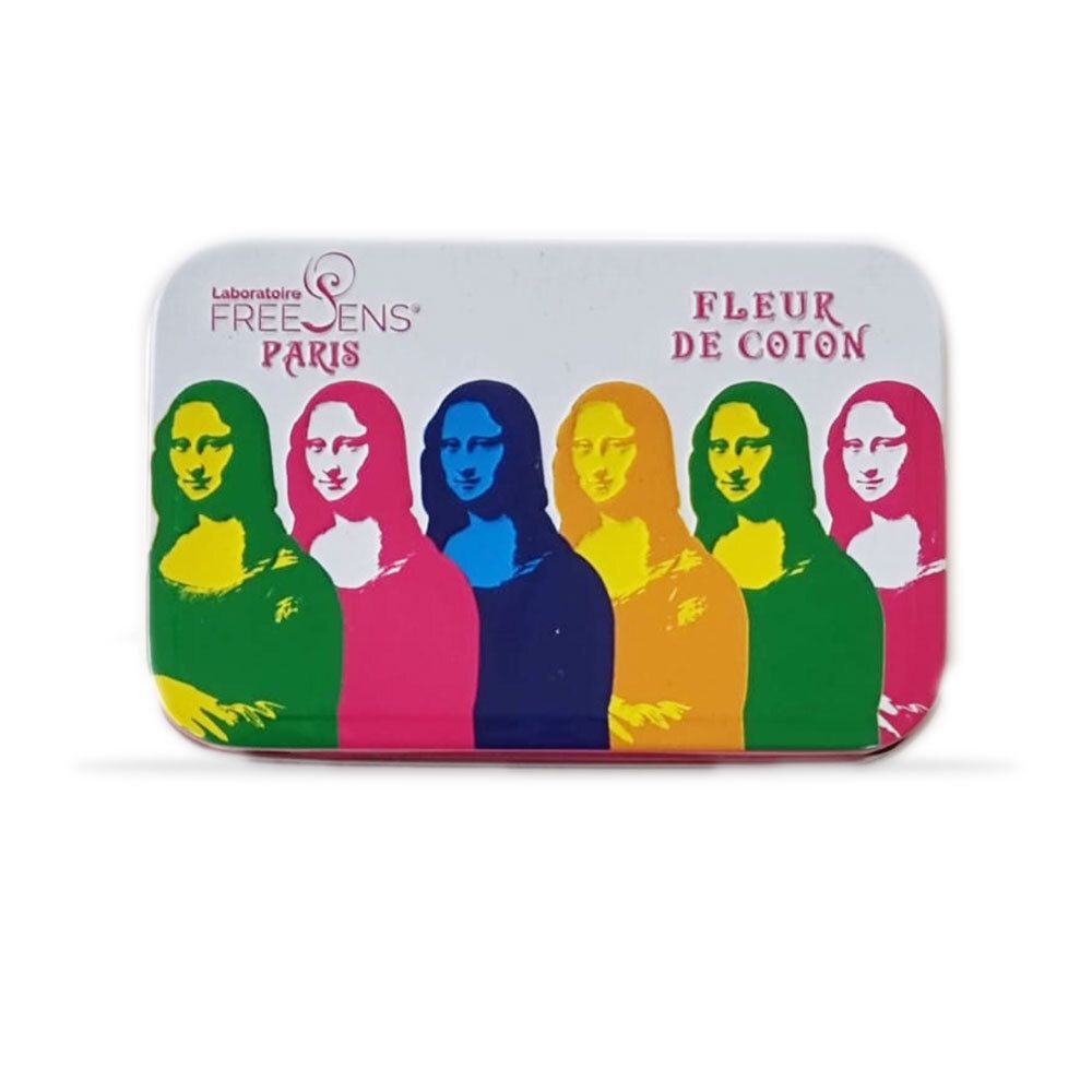 Boîte rectangulaire avec couvercle. Six Mona Lisas colorées sur le couvercle. Texte: Freesens Paris, Fleur de Coton.