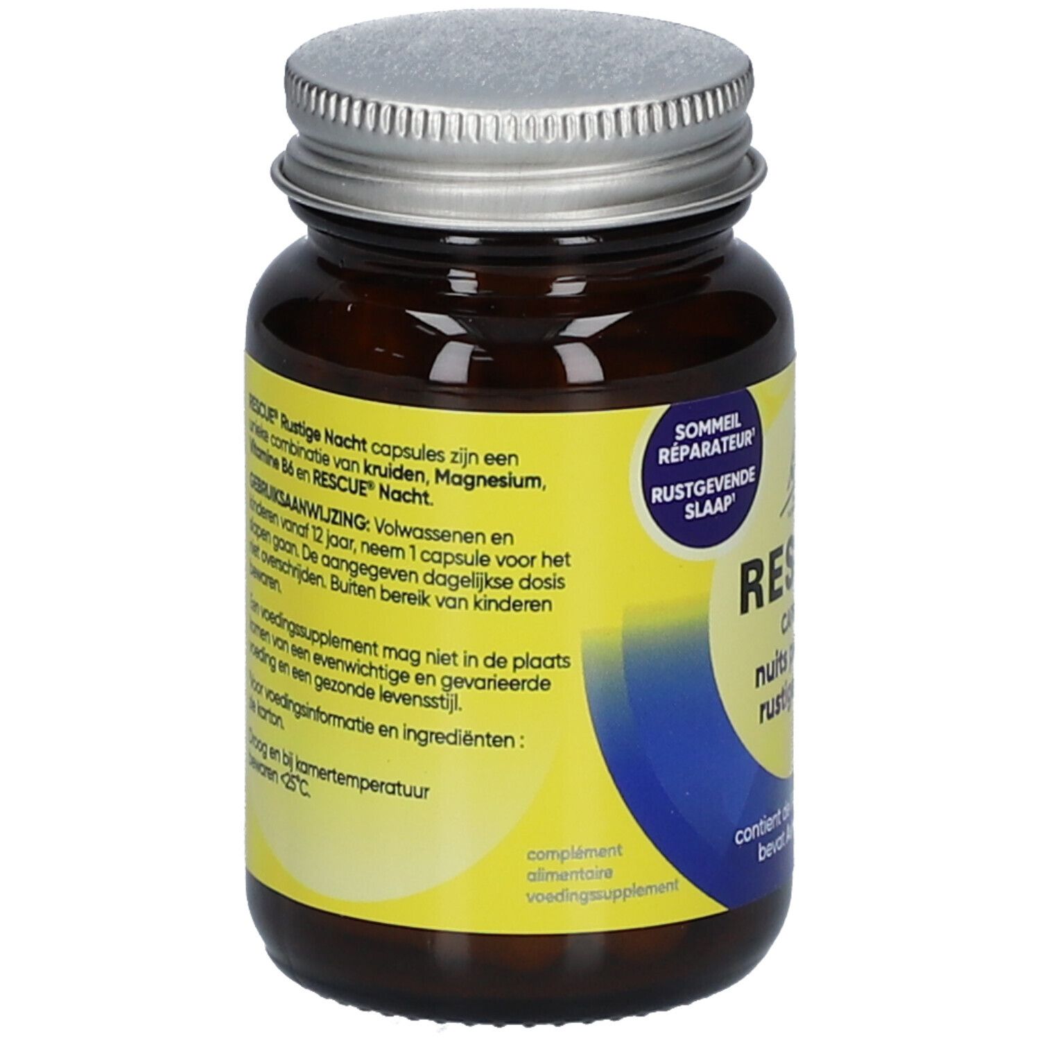 Flacon RESCUE® CAPSULES. Inscription: nuits paisibles rustige nacht. 30 capsules. Verso avec informations.