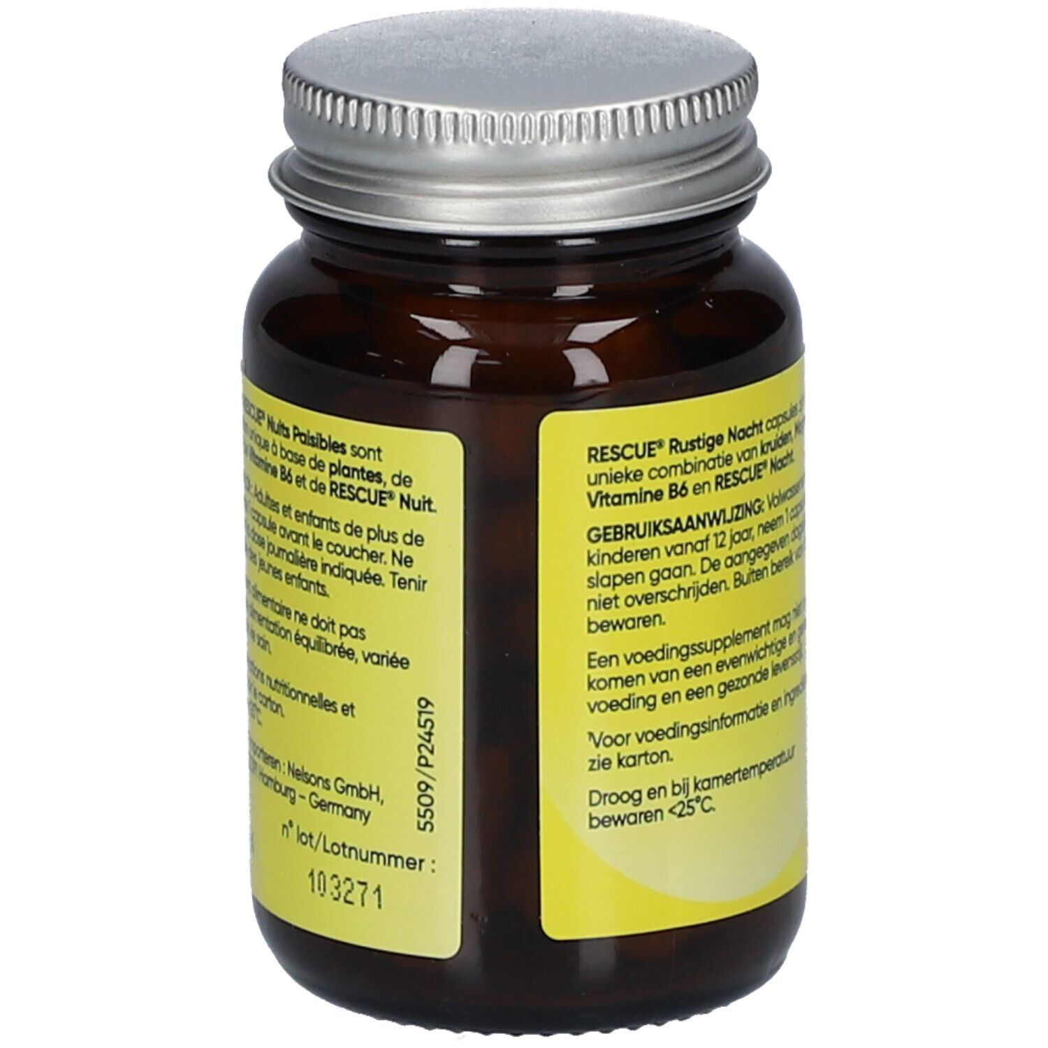 Flacon RESCUE® CAPSULES. Inscription: nuits paisibles rustige nacht. 30 capsules. Verso avec informations.