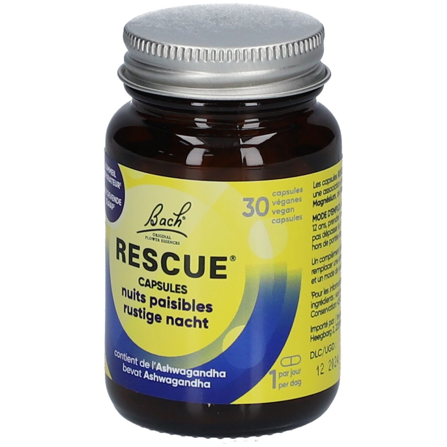 Flacon RESCUE® CAPSULES. Inscription: nuits paisibles rustige nacht. 30 capsules. Bach Original Flower Remedies.
