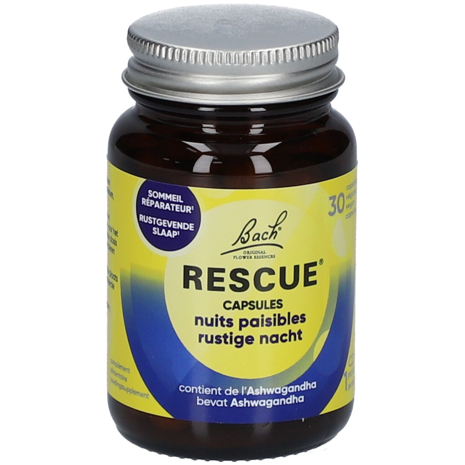 Flacon RESCUE® CAPSULES. Inscription: nuits paisibles rustige nacht. 30 capsules. Bach Original Flower Remedies.