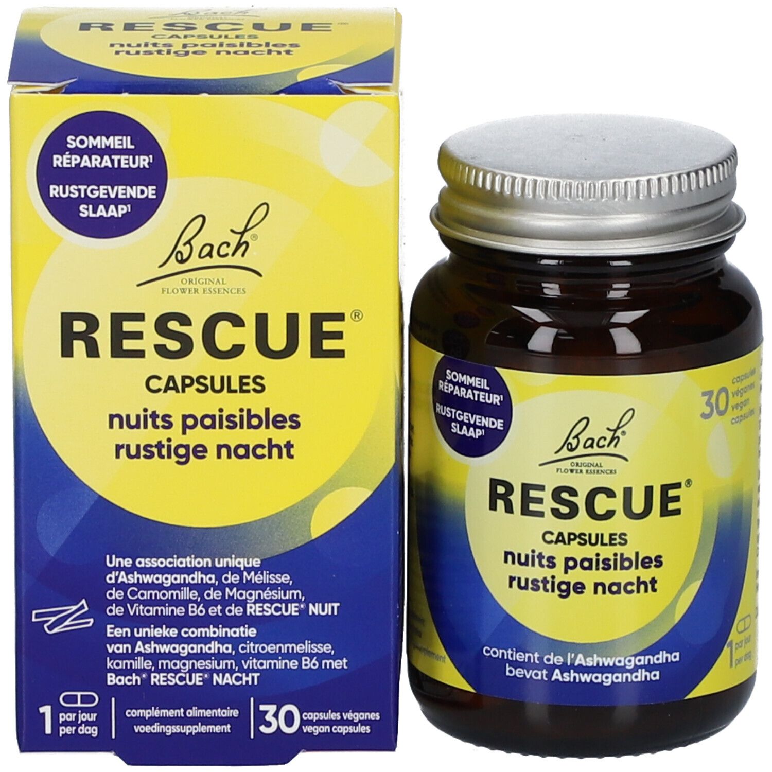Boîte et flacon RESCUE® CAPSULES. Inscription: nuits paisibles rustige nacht. 30 capsules. Bach Original Flower Remedies.