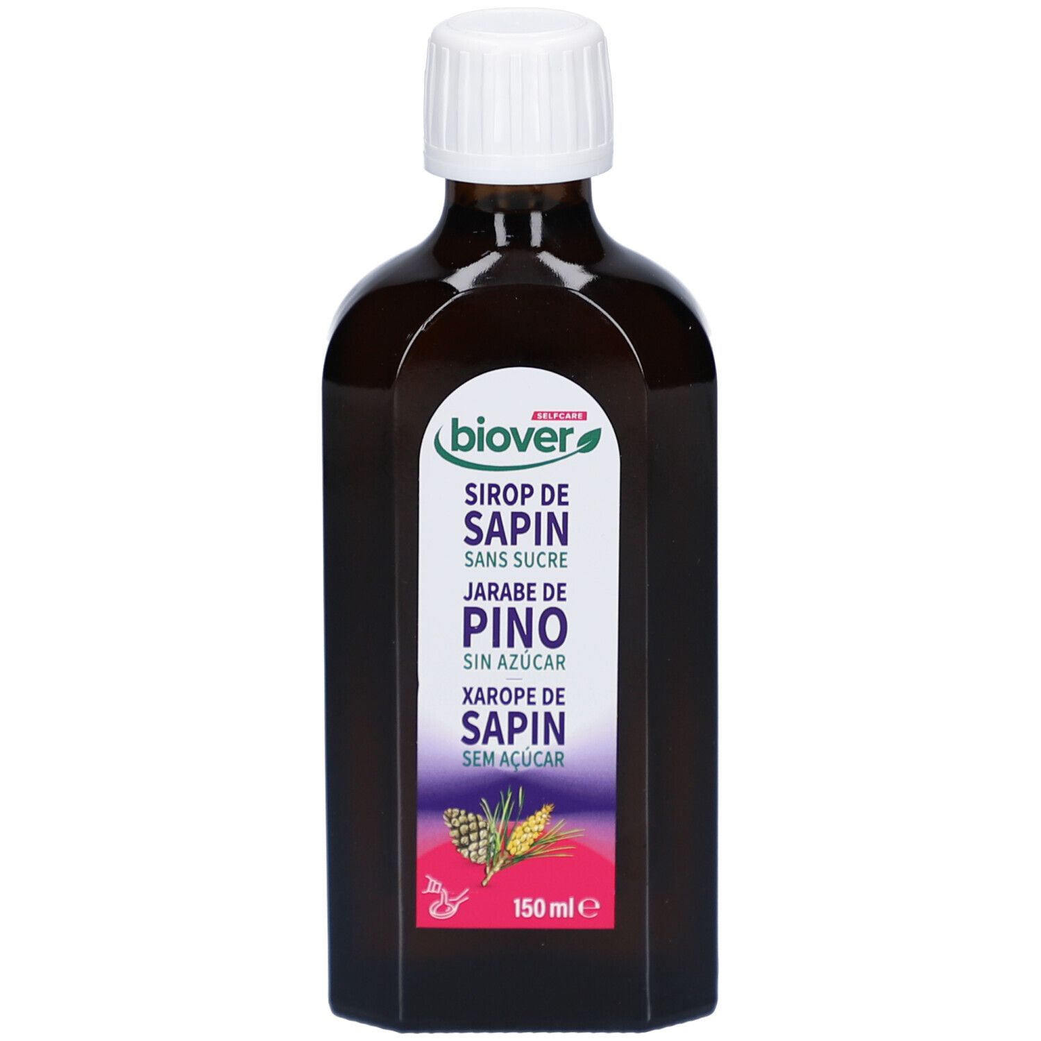 Flacon brun avec bouchon blanc. Étiquette avec nom du produit et informations. 150 ml.