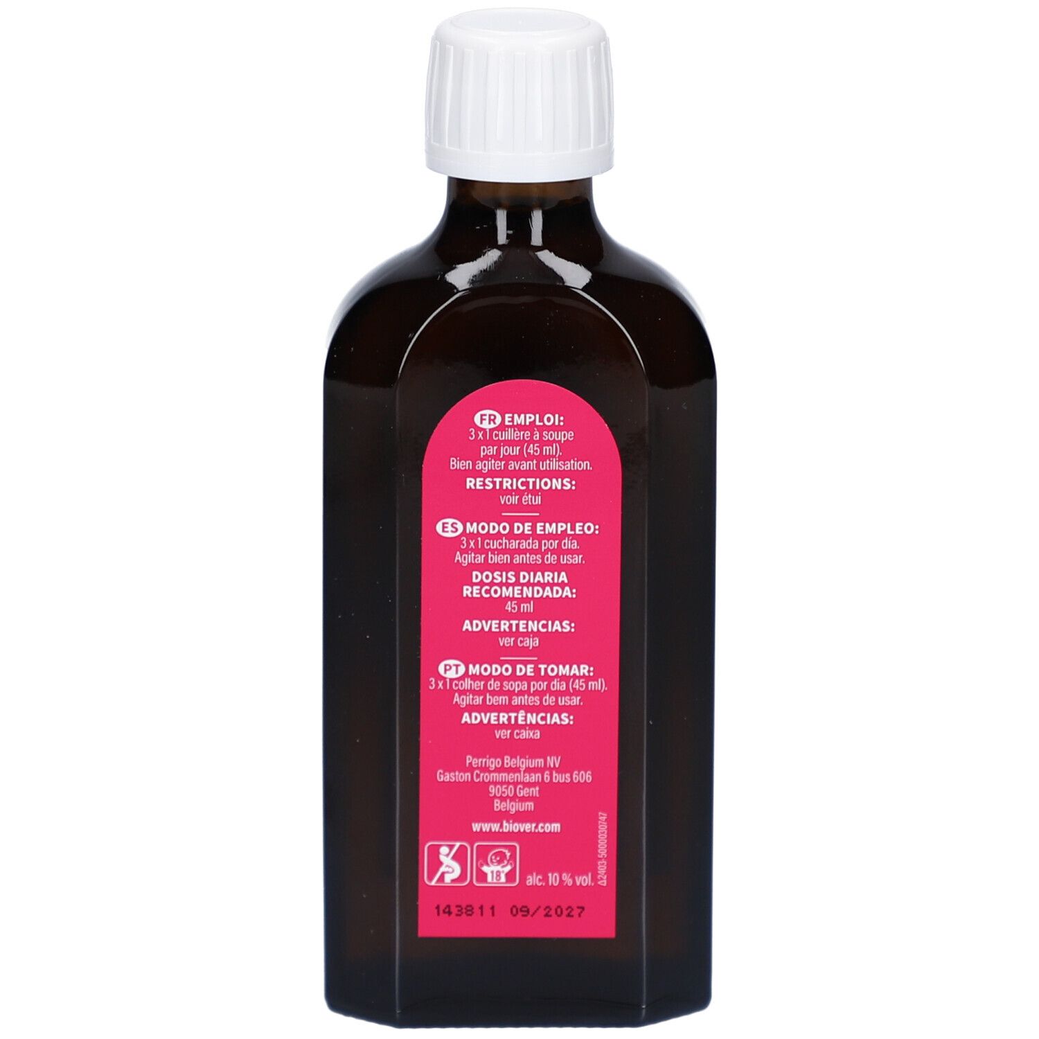 Dos du flacon. Étiquette avec instructions d'utilisation et ingrédients. Contient 10% d'alcool.